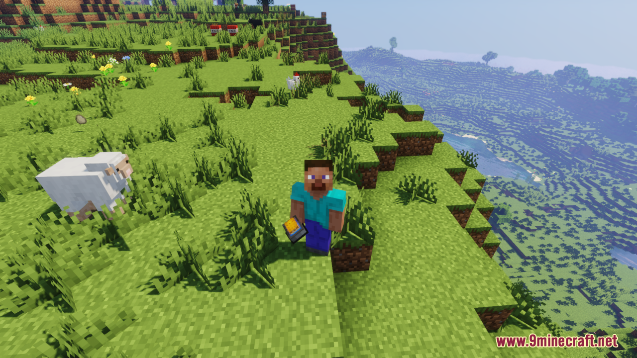 Steve holding a 3D bucket on a grassy hill