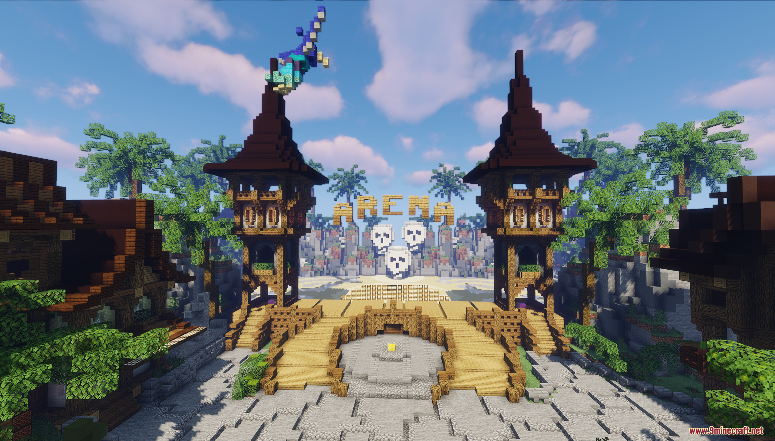 Pandora Survival Map Screenshot 1 Grand wooden arena entrance with tall towers and skull faces in Minecraft