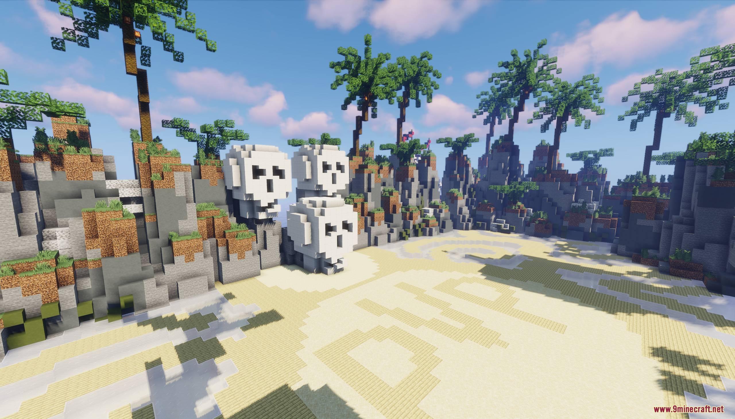 Pandora Survival Map Screenshot 10 Giant white skull structures built into rocky cliffs surrounding a sandy beach area