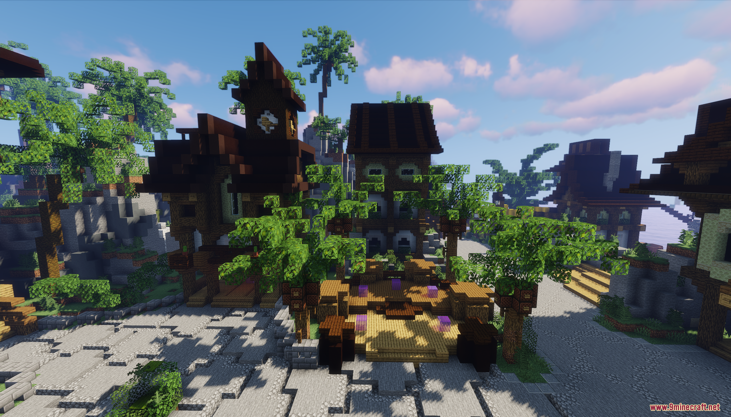 Pandora Survival Map Screenshot 2 Wooden houses and palm trees surrounding a small platform in a Minecraft town