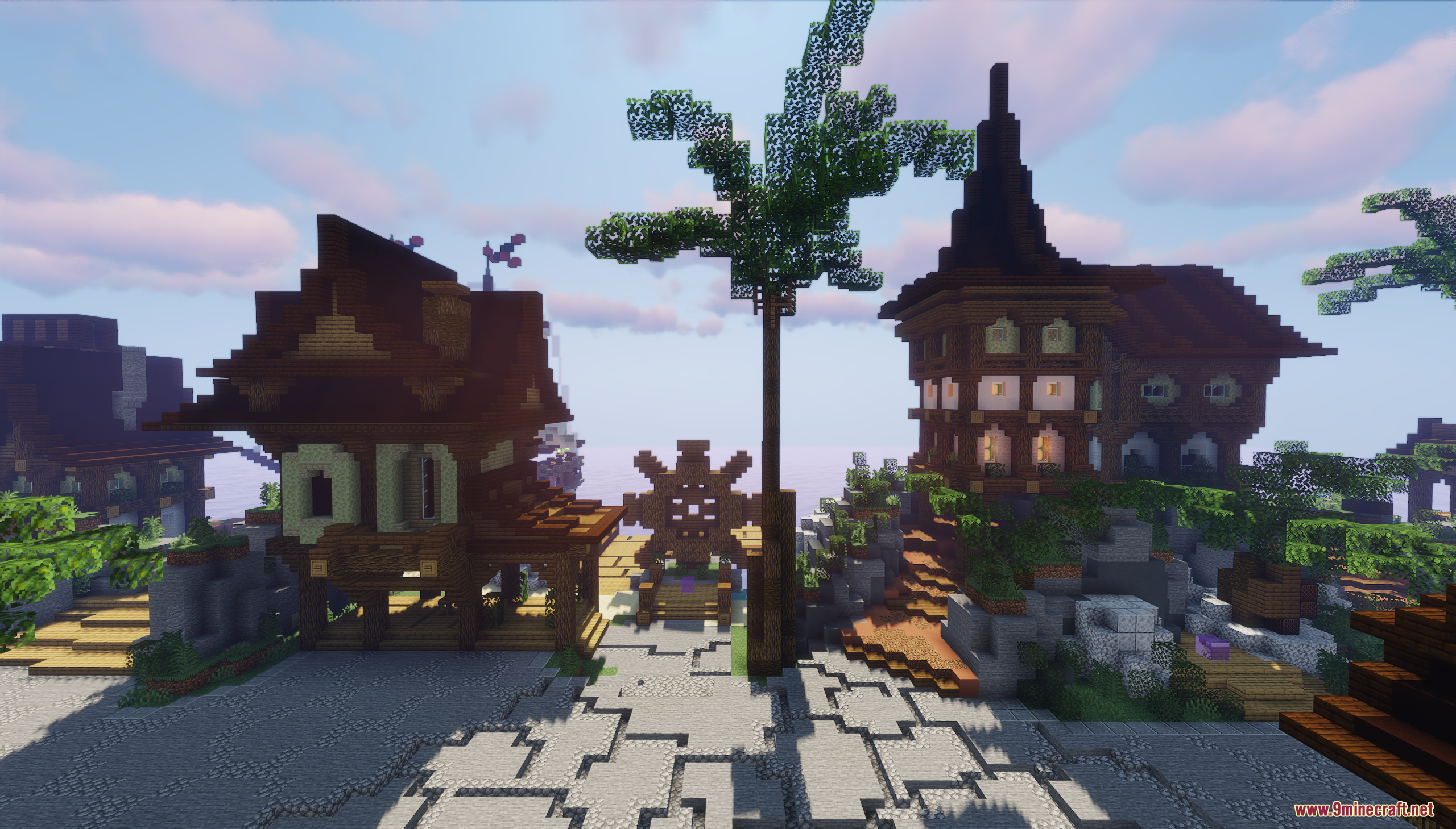 Pandora Survival Map Screenshot 3 Wooden houses with a large gear and palm trees on a stone path
