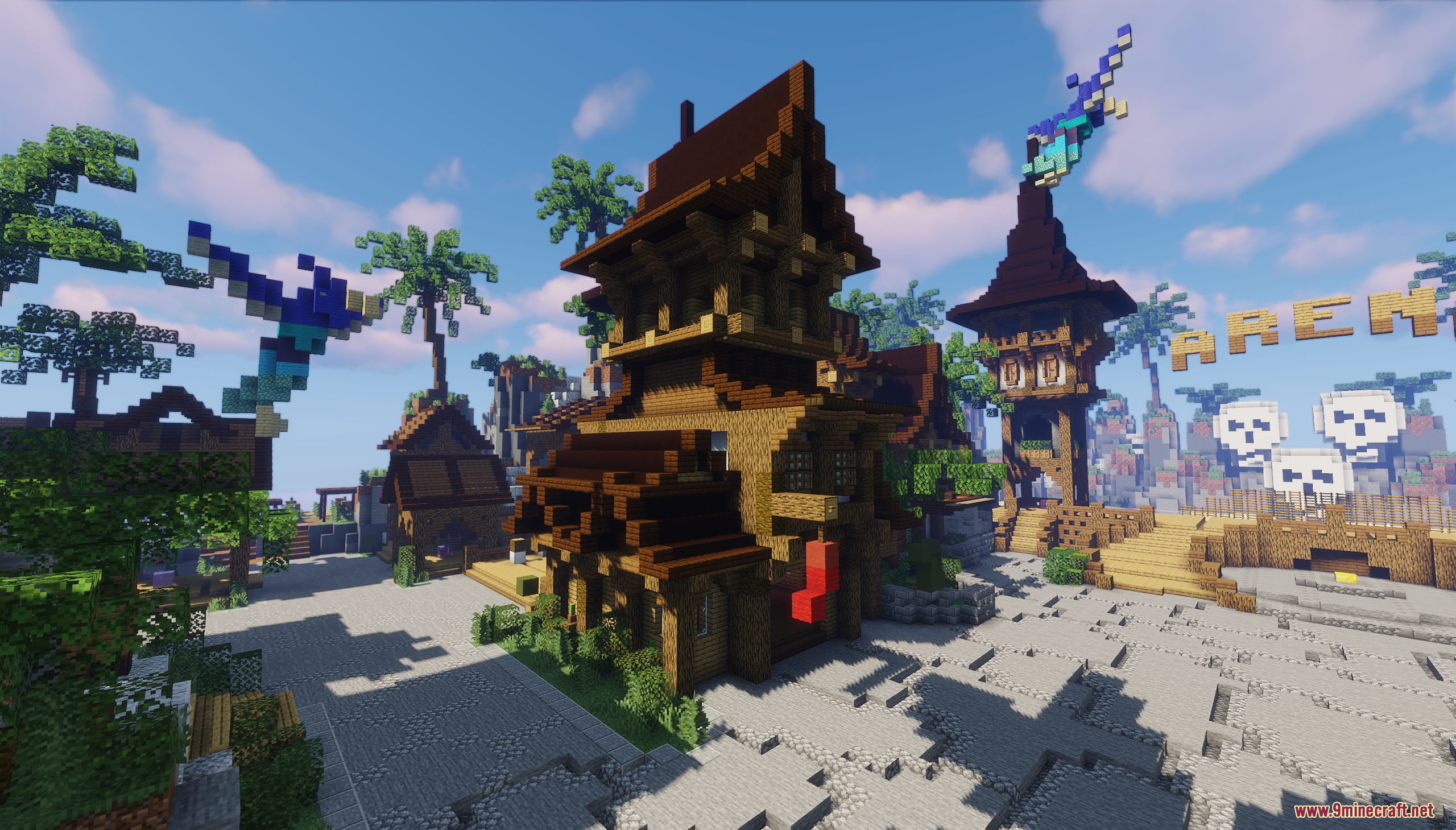 Pandora Survival Map Screenshot 4 Large wooden building near an arena area with skull decorations and palm trees