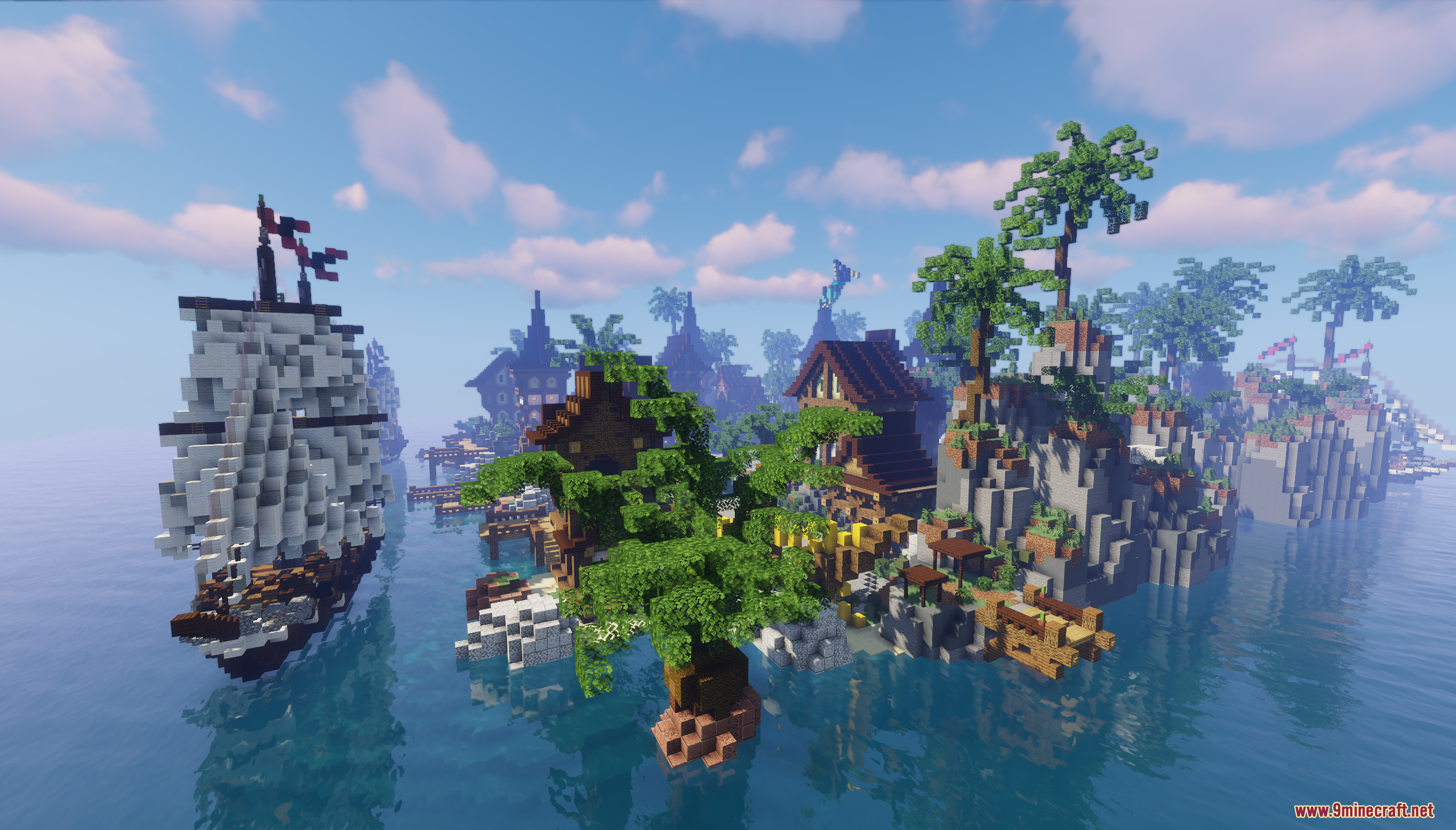 Pandora Survival Map Screenshot 5 A large ship docked near a tropical island settlement in Minecraft