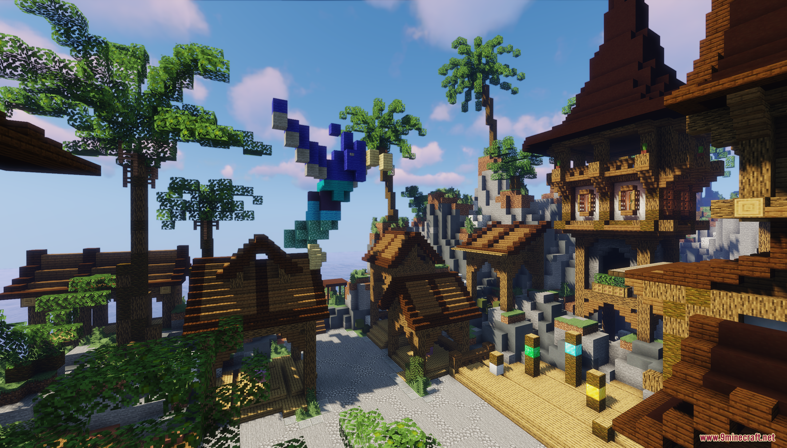 Pandora Survival Map Screenshot 7 Detailed tropical village featuring wooden houses palm trees and a giant blue bird