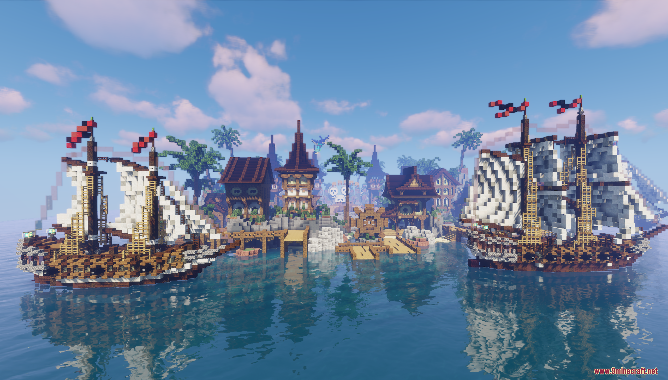 Pandora Survival Map Screenshot 8 Two large sailing ships docked at a tropical island village with wooden buildings