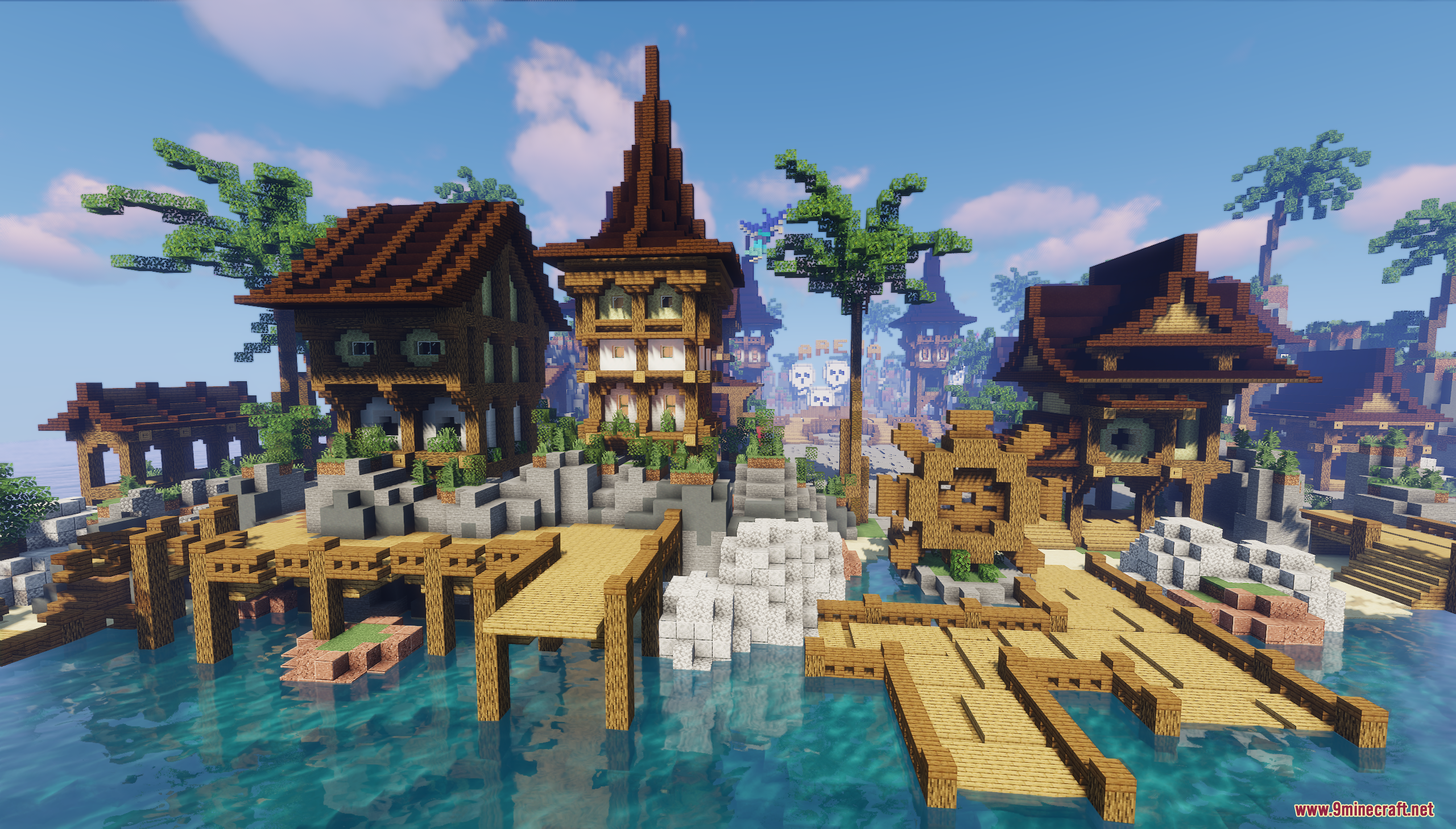 Pandora Survival Map Screenshot 9 Coastal Minecraft village featuring wooden houses docks and a large water wheel