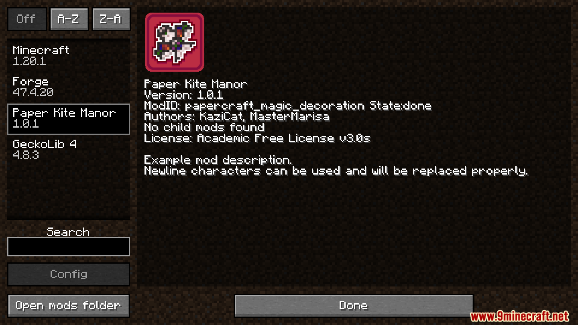 Paper Kite Manor mod information screen in Minecraft