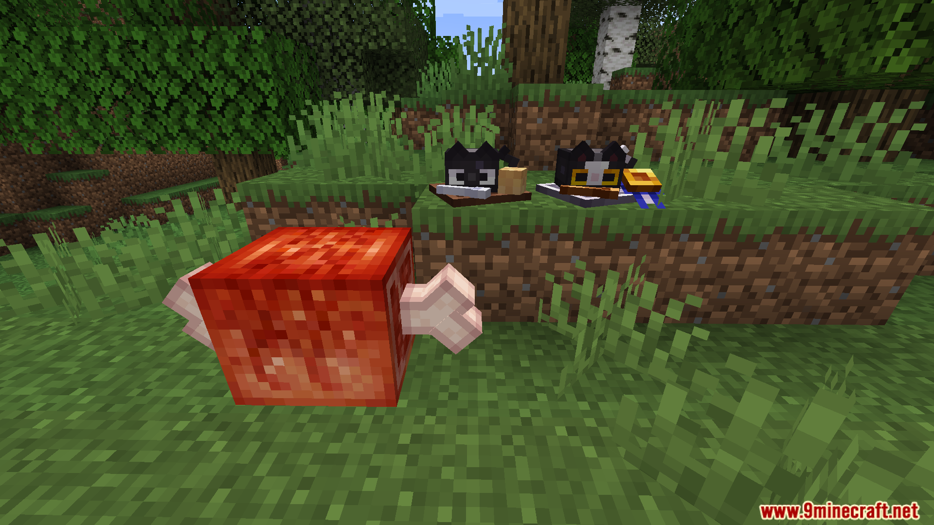 Large placeable meat block with two cat mobs