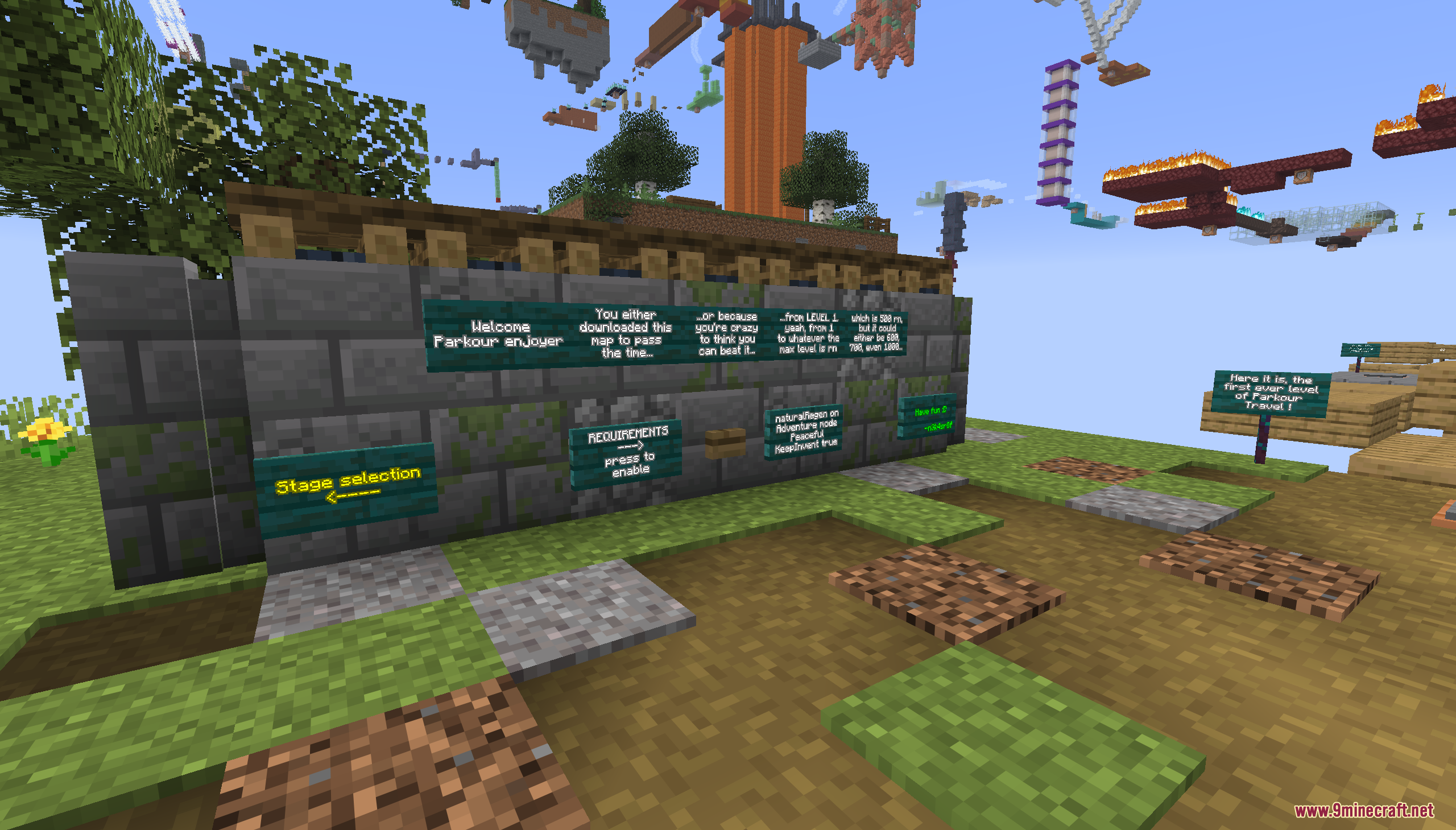 Parkour Travel Map Screenshot 1 Signs with instructions and stage selection in Parkour Travel Map
