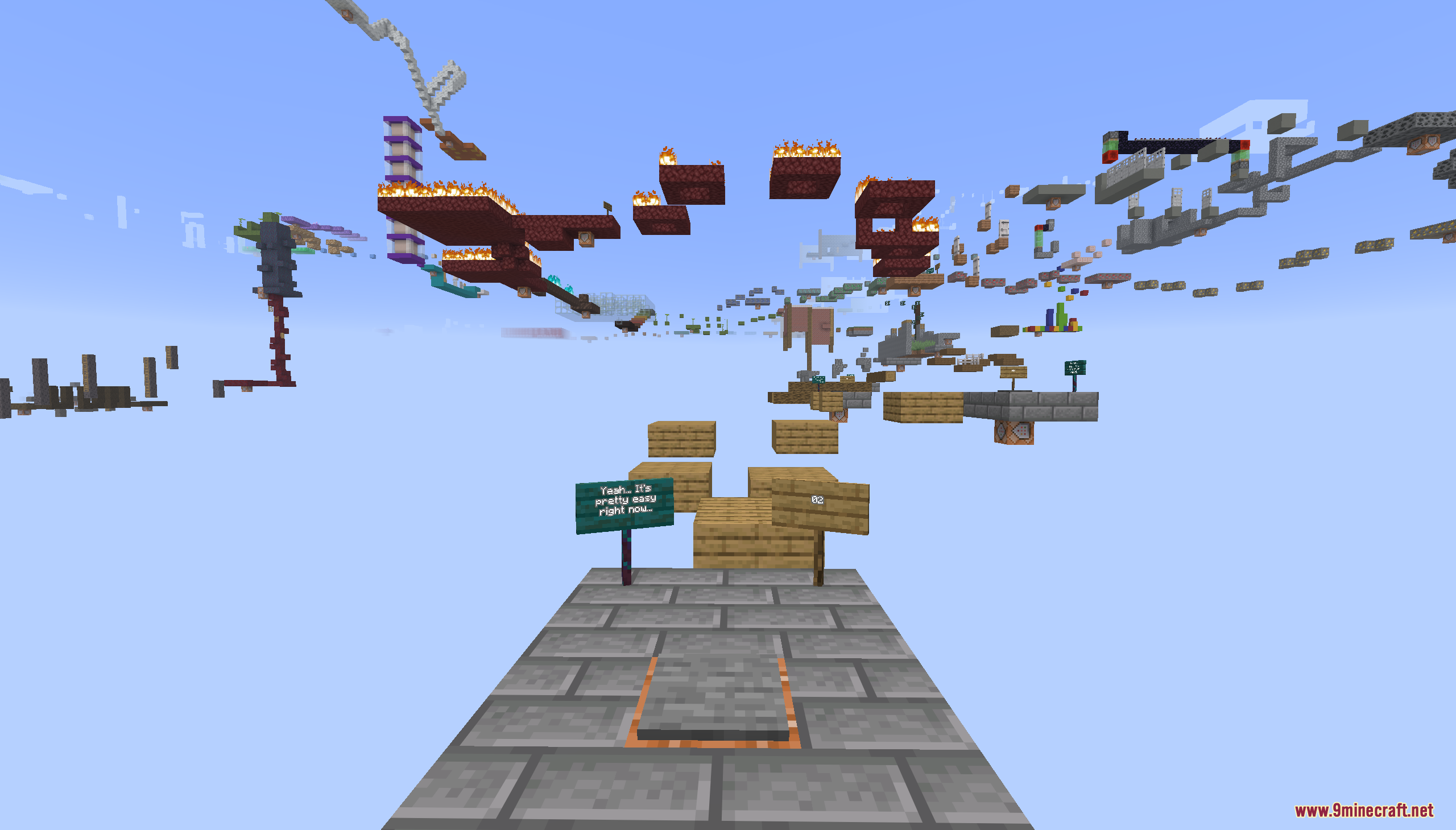 Parkour Travel Map Screenshot 3 A parkour course with floating blocks and signs in the sky