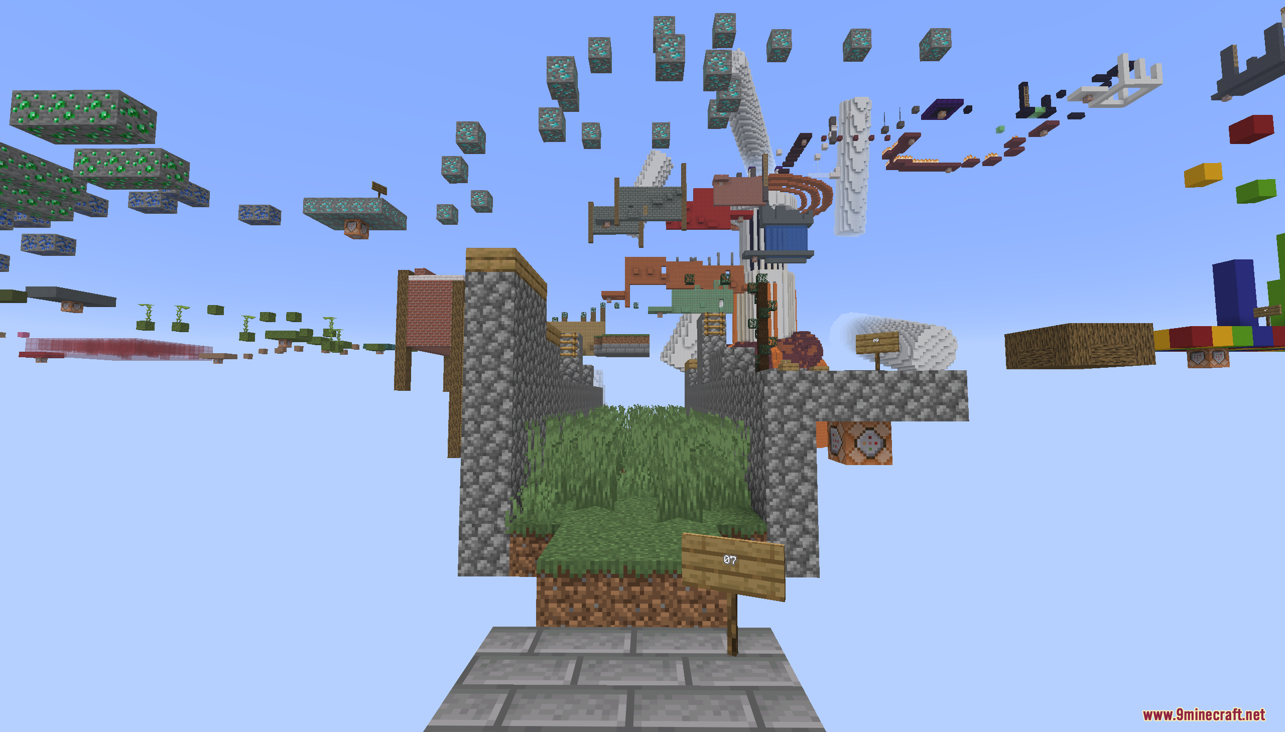 Parkour Travel Map Screenshot 4 A parkour course with floating blocks and signs in the sky