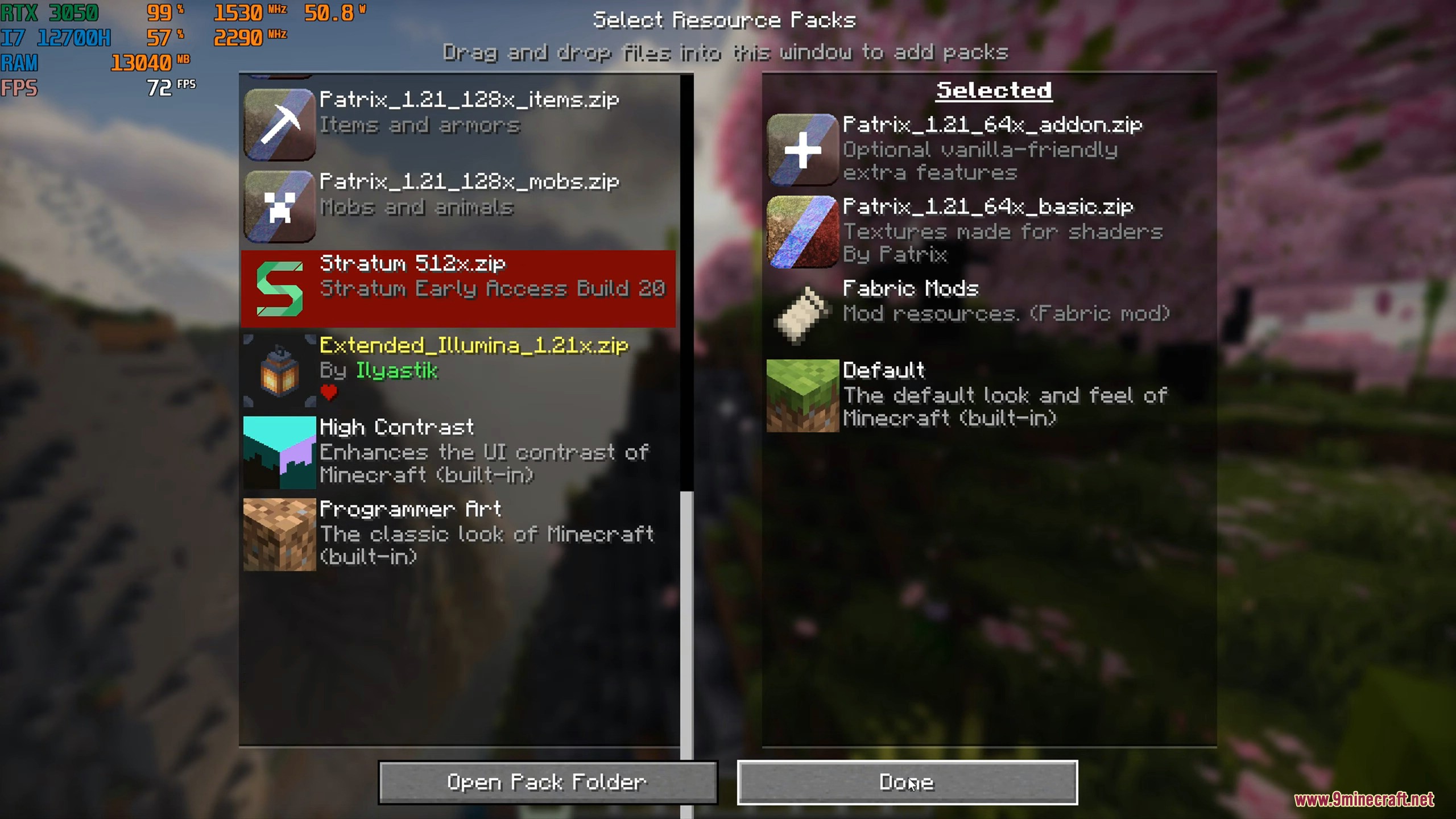 Selecting the Patrix Resource Pack from the menu in Minecraft settings