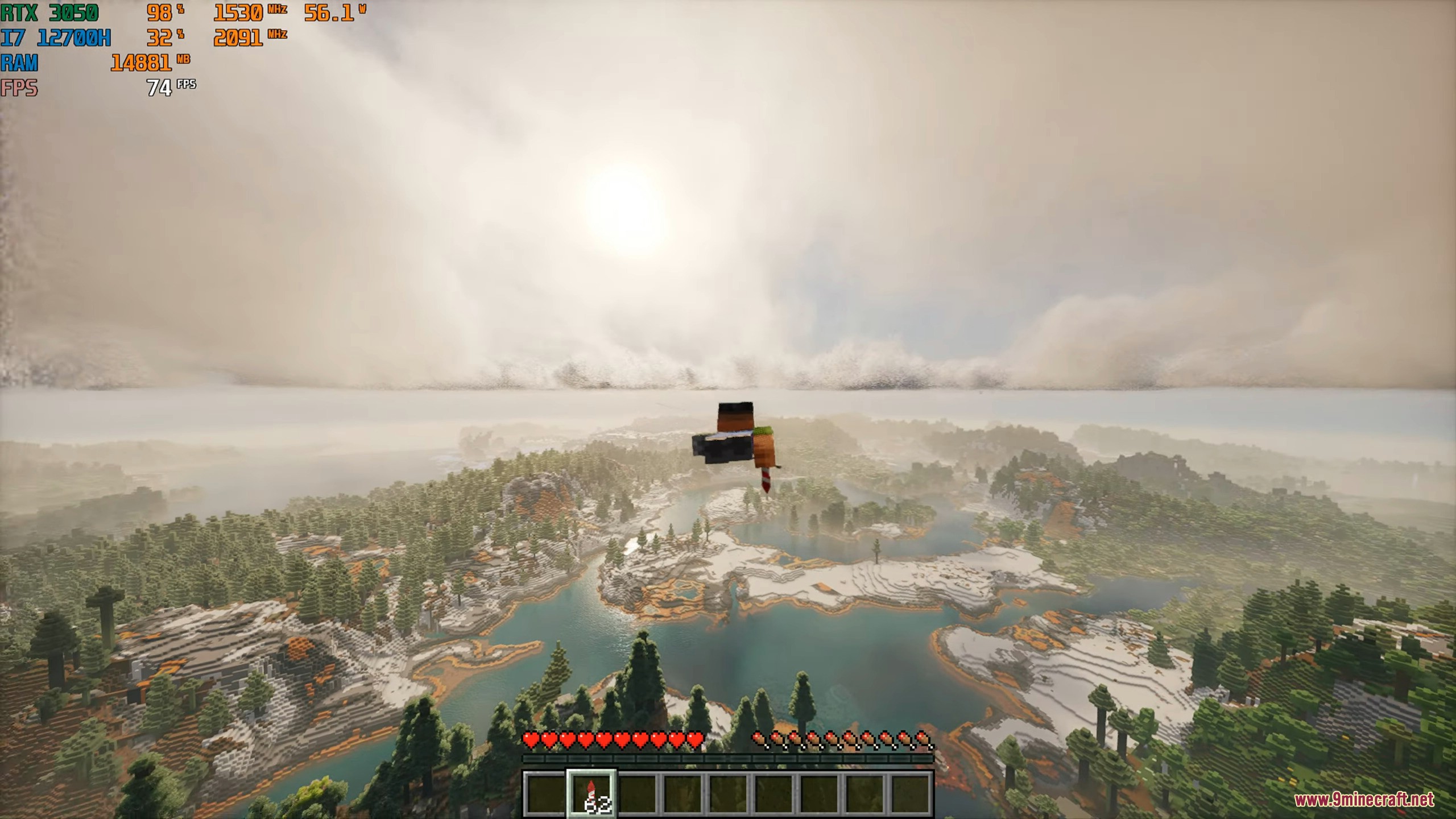 A player flying over a realistic snowy landscape with Patrix Resource Pack textures