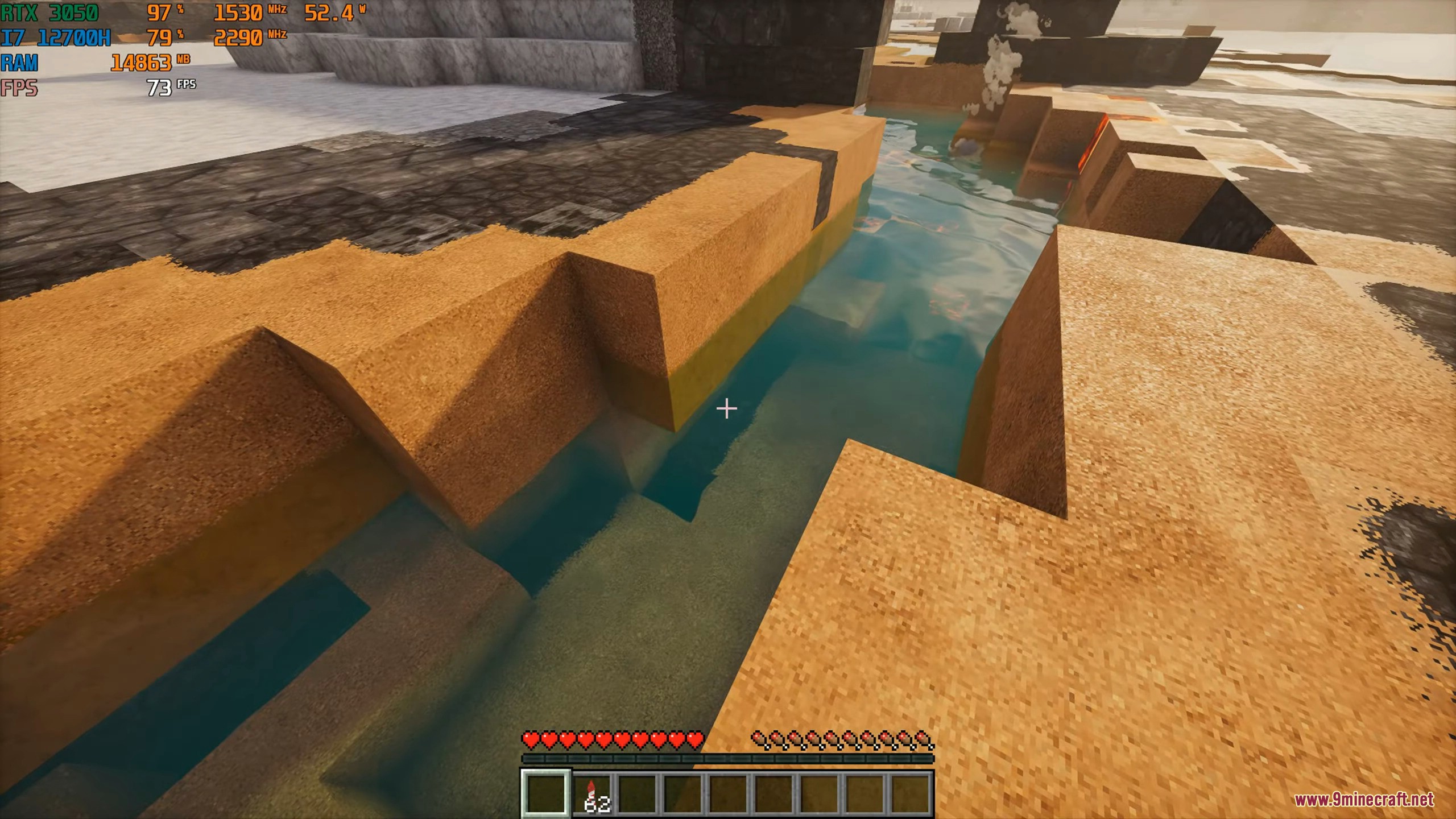 Realistic water flowing through a narrow channel between high resolution sand blocks