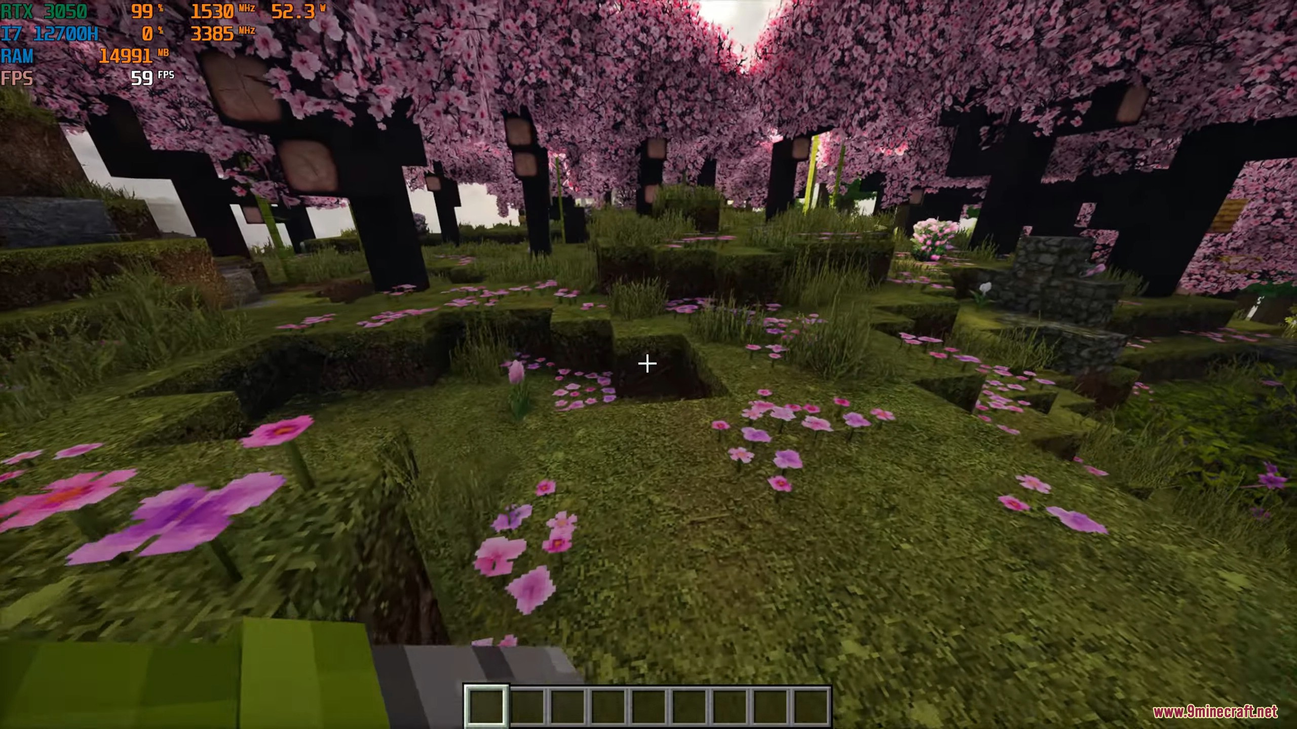 First person view of a cherry blossom forest with highly detailed textures