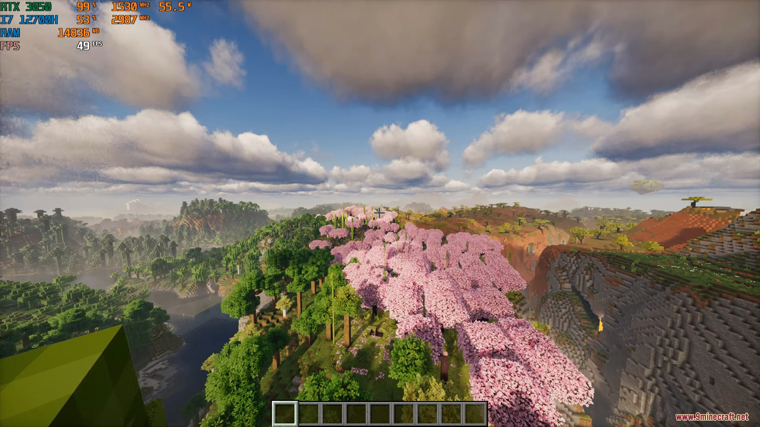 Panoramic view of cherry blossom trees and forests with photorealistic textures
