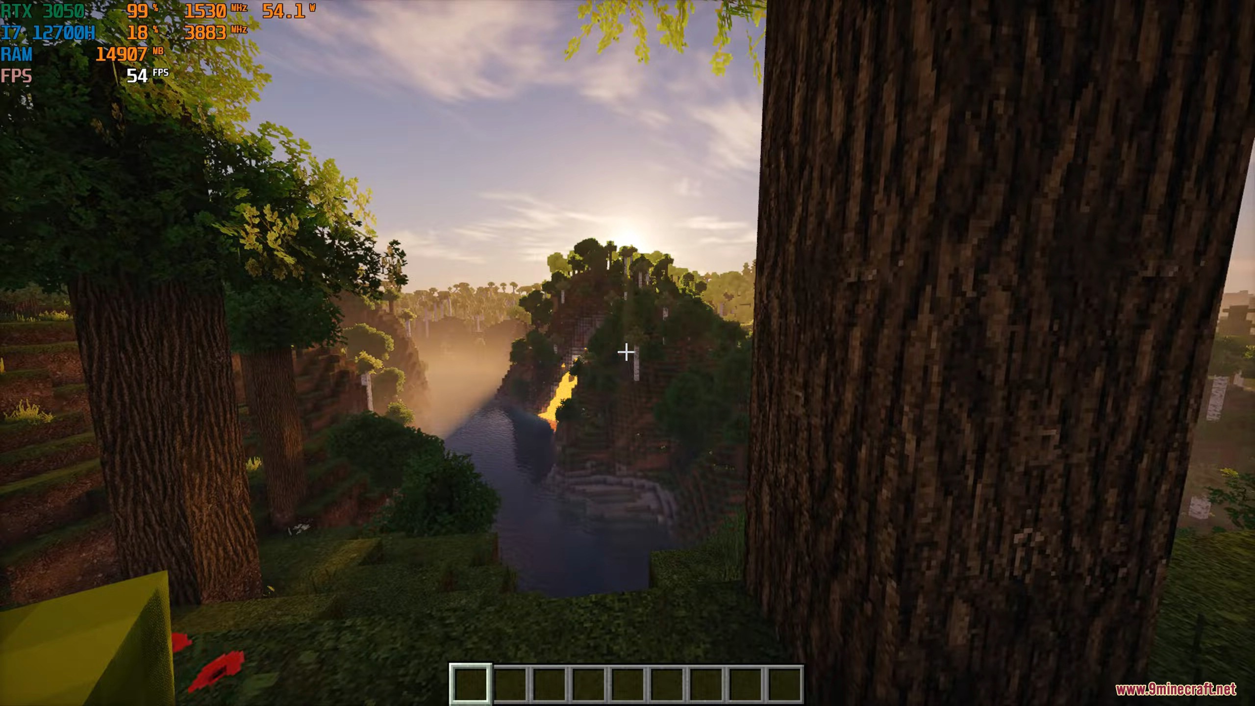 Sunlight shining through realistic tree bark overlooking a river in a valley