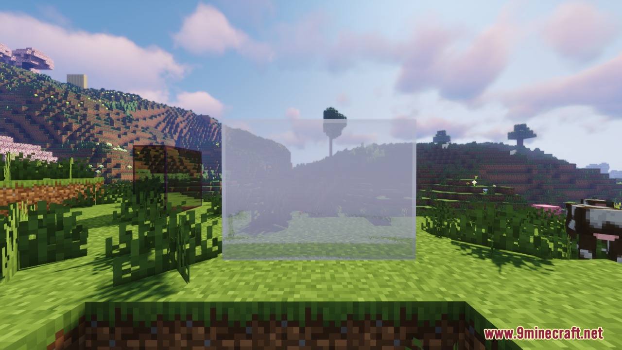 Perfect Clear Glass Resource Pack Screenshot 5 Connected clear glass blocks showing a completely transparent texture in a grassy field