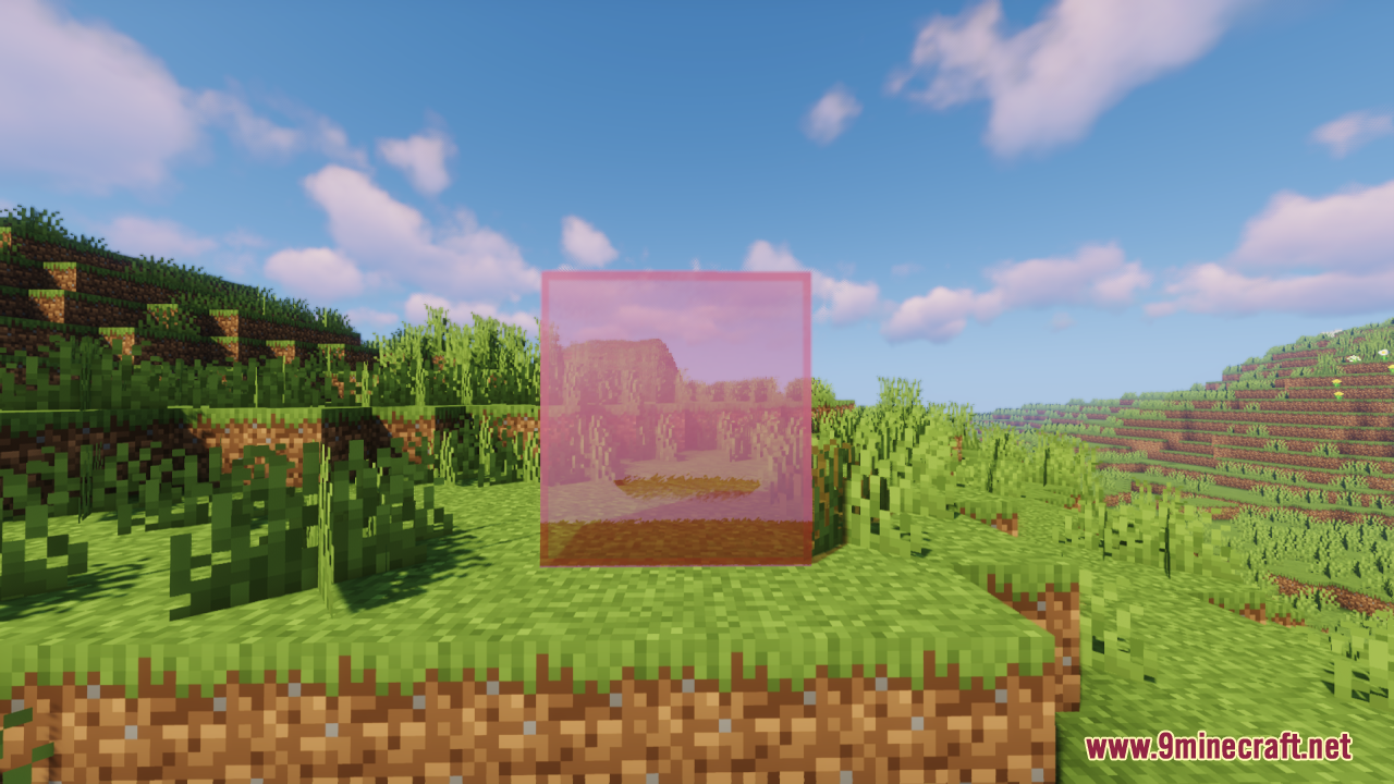 Perfect Clear Glass Resource Pack Screenshot 6 Connected pink stained glass blocks displaying a completely clear texture outdoors