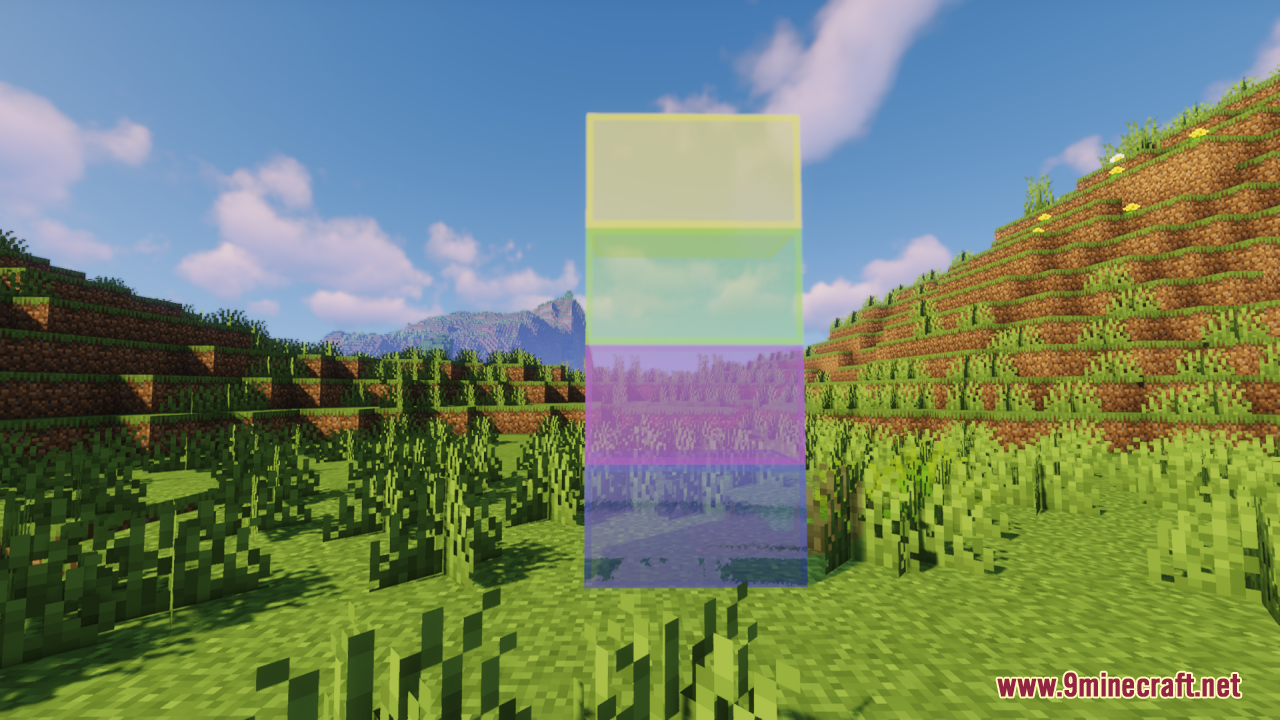 Perfect Clear Glass Resource Pack Screenshot 8 Vertical stack of perfectly clear colored glass blocks in a field