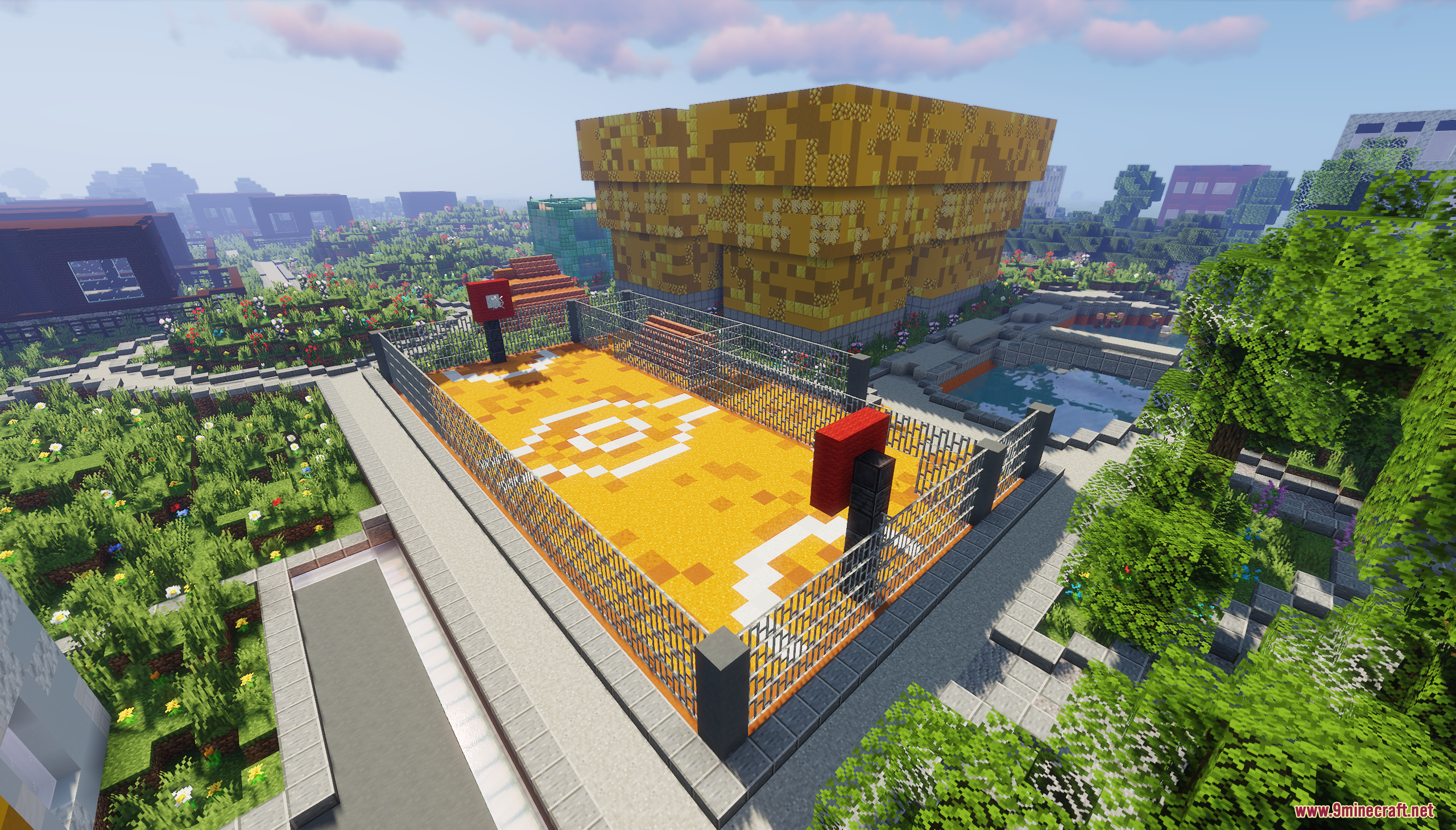 Orange basketball court with white lines and fences in a Minecraft city area