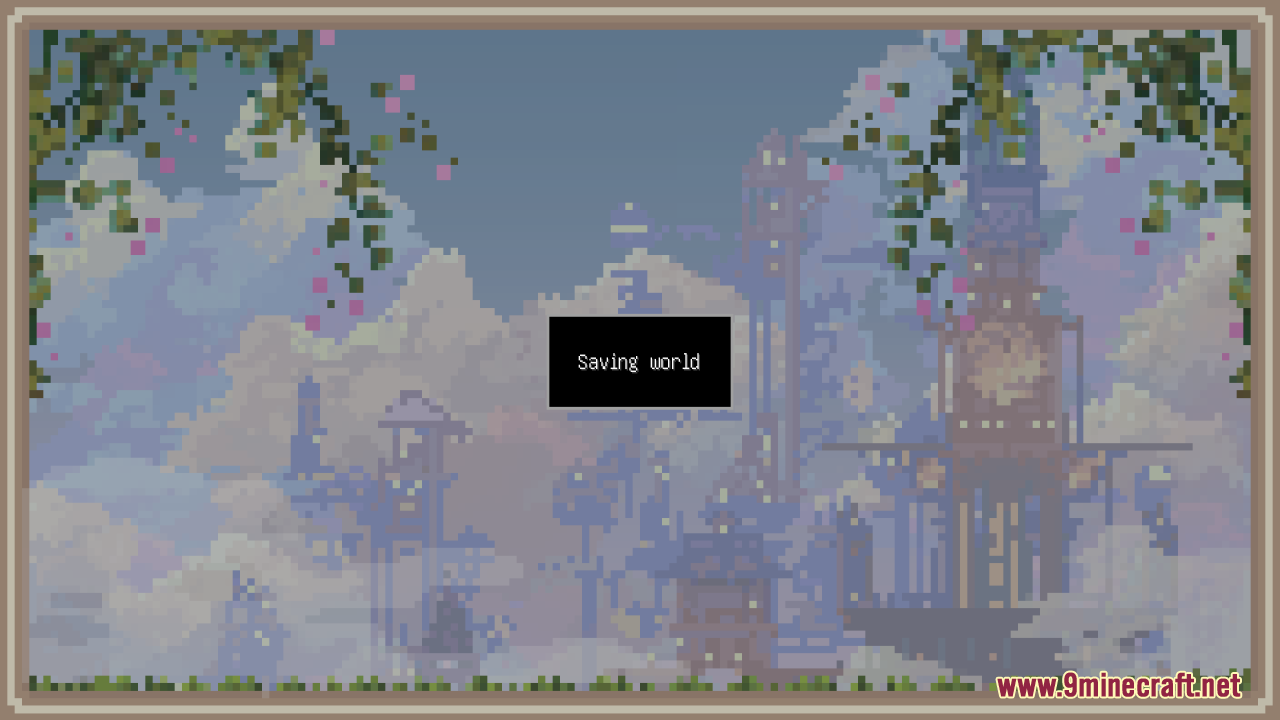Pink Sweet GUI Resource Pack Screenshot 1 Saving world screen with a custom pixel art sky city background