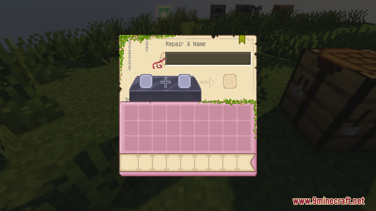 Pink Sweet GUI Resource Pack Screenshot 3 Anvil repair and name menu featuring a custom pink inventory background