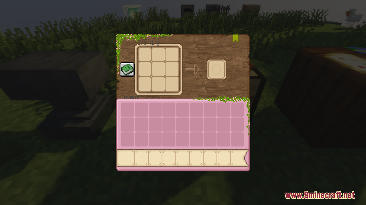 Pink Sweet GUI Resource Pack Screenshot 4 Crafting table interface with a custom wooden background and pink inventory slots