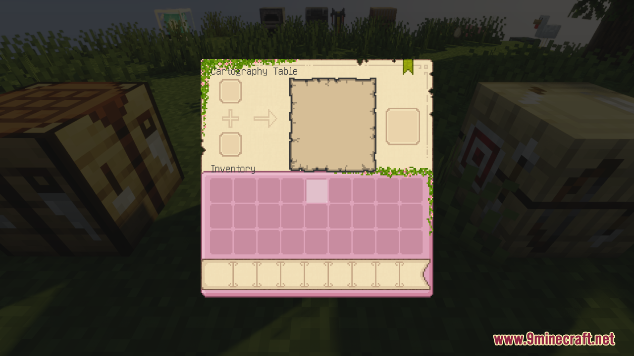 Pink Sweet GUI Resource Pack Screenshot 5 Custom pink Cartography Table GUI with vine decorations and pink inventory slots