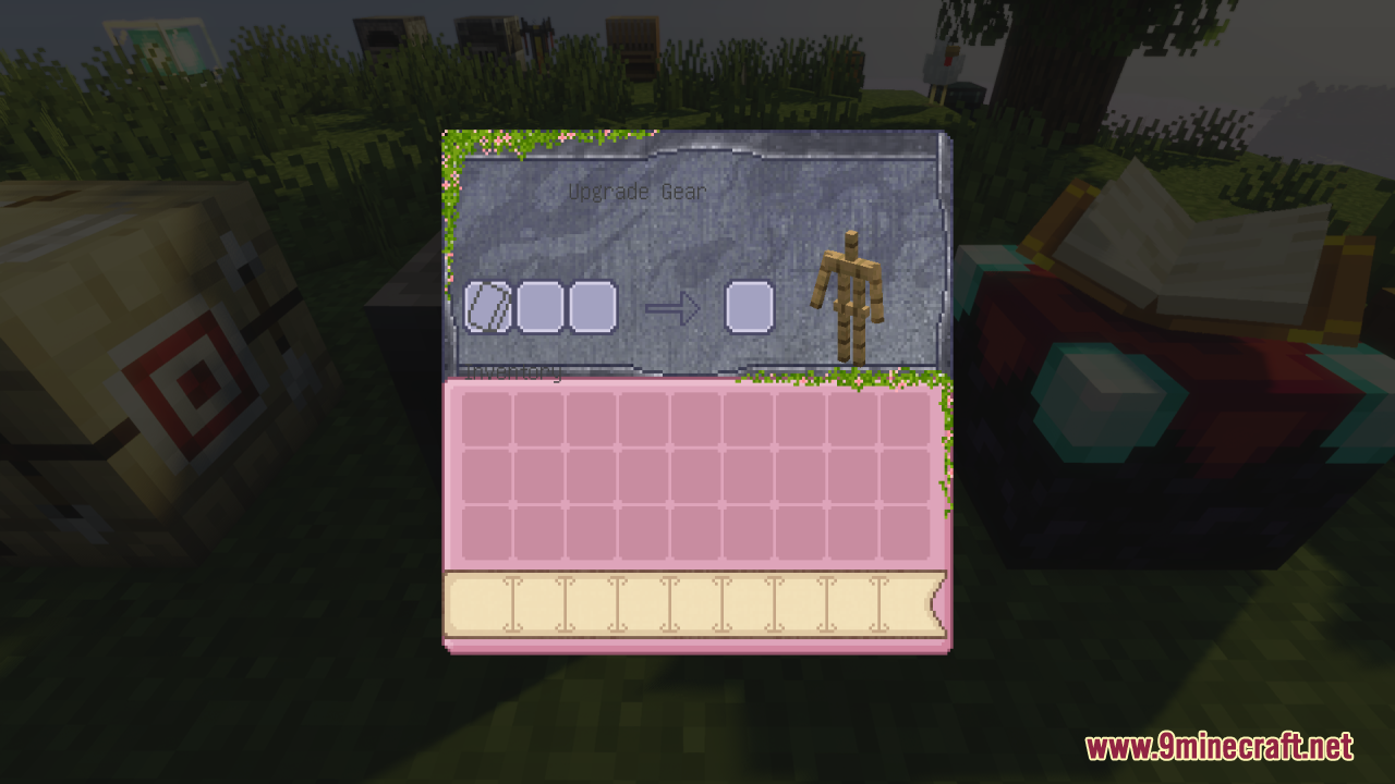 Pink Sweet GUI Resource Pack Screenshot 6 Custom Smithing Table interface featuring a stone top and pink inventory slots