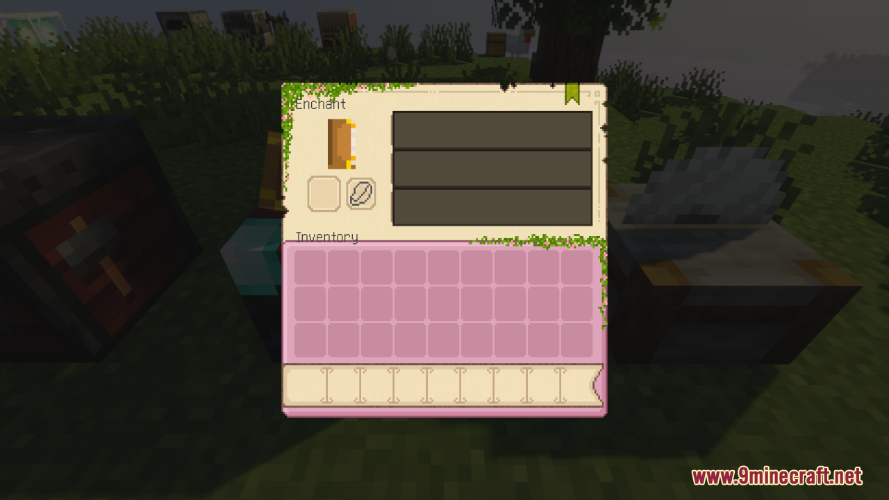 Pink Sweet GUI Resource Pack Screenshot 7 Enchanting table interface featuring a custom pink inventory and vine details