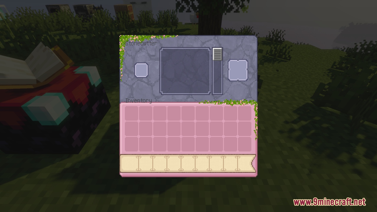 Pink Sweet GUI Resource Pack Screenshot 8 Custom stonecutter menu with pink inventory slots and stone background