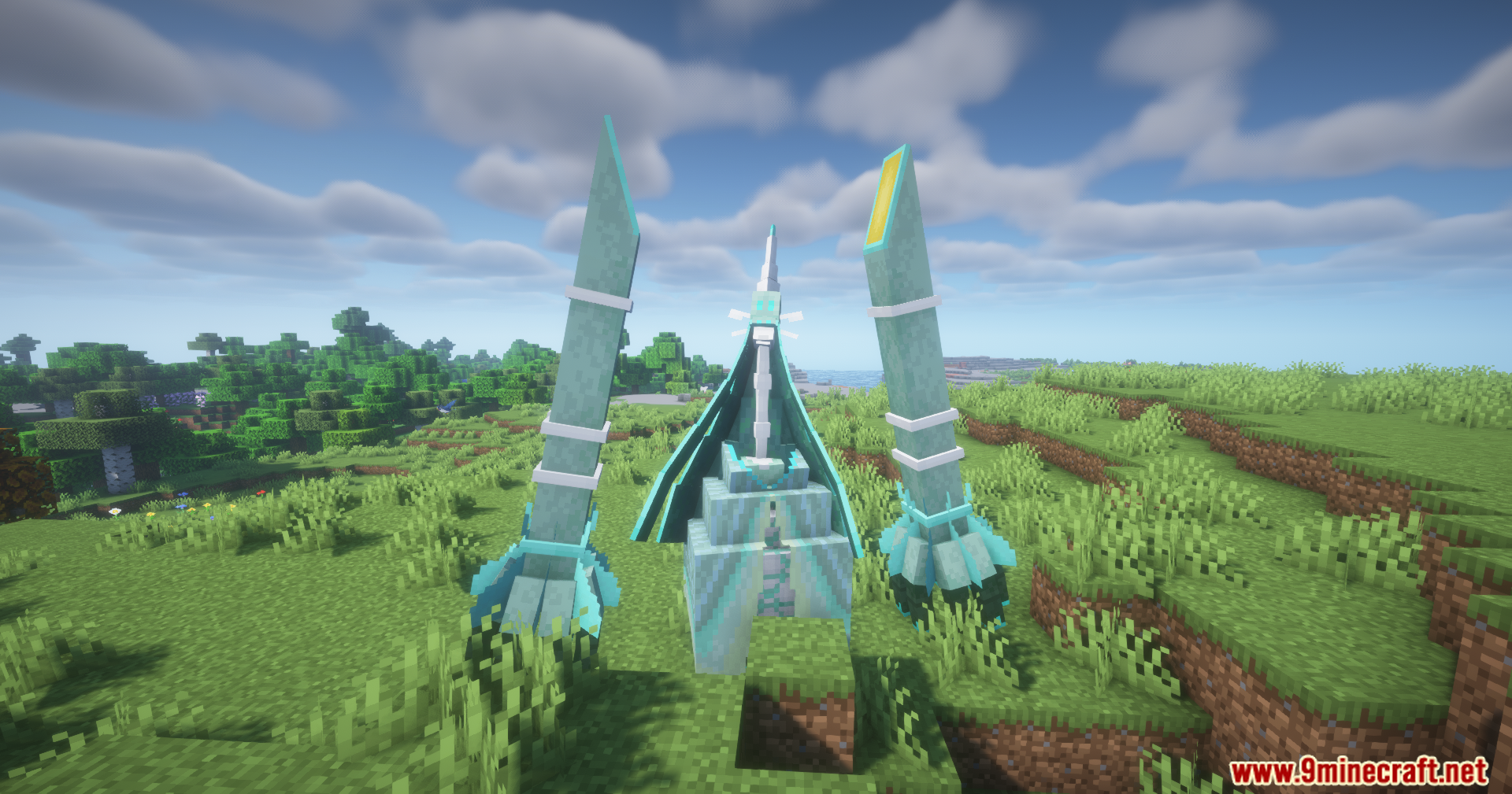 The Paradox Pokémon Iron Crown in a Minecraft plains biome