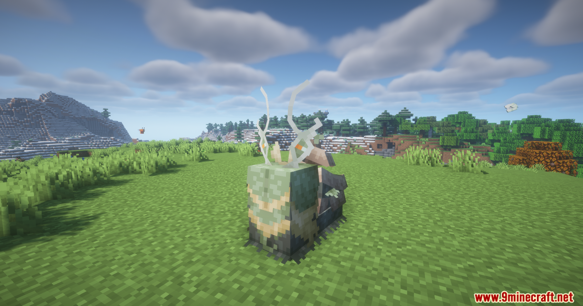 Side view of the mossy Cobblemon creature in a field