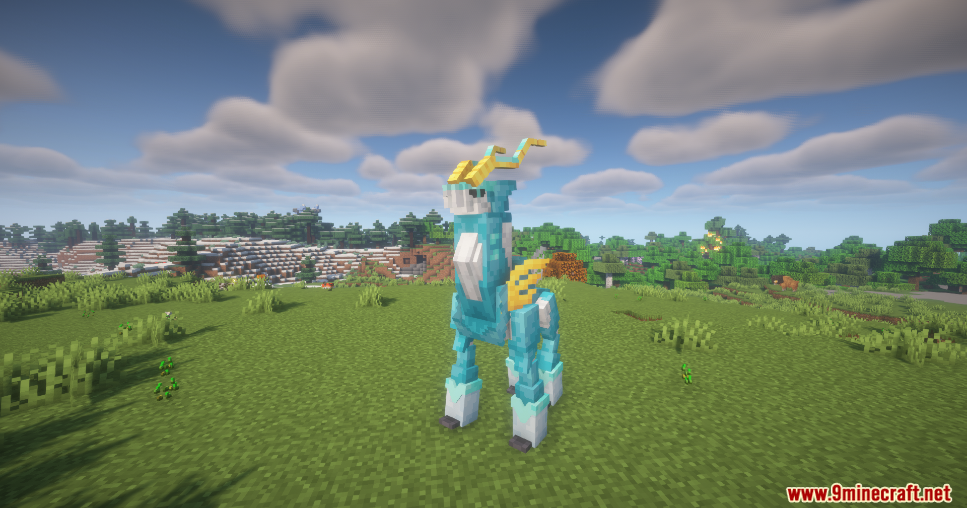 A side view of the blue and yellow Iron Crown Pokémon