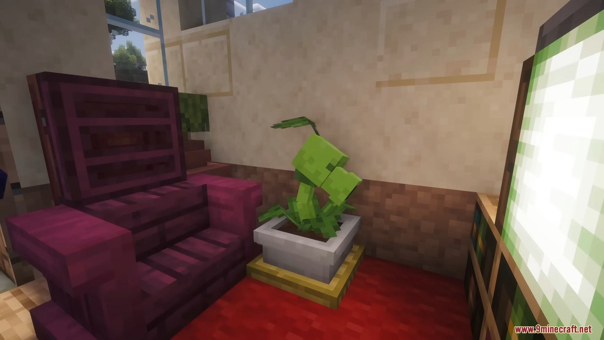 Plants & Zombies Mod Screenshot 1 A Peashooter plant sitting in a gray pot next to a purple armchair