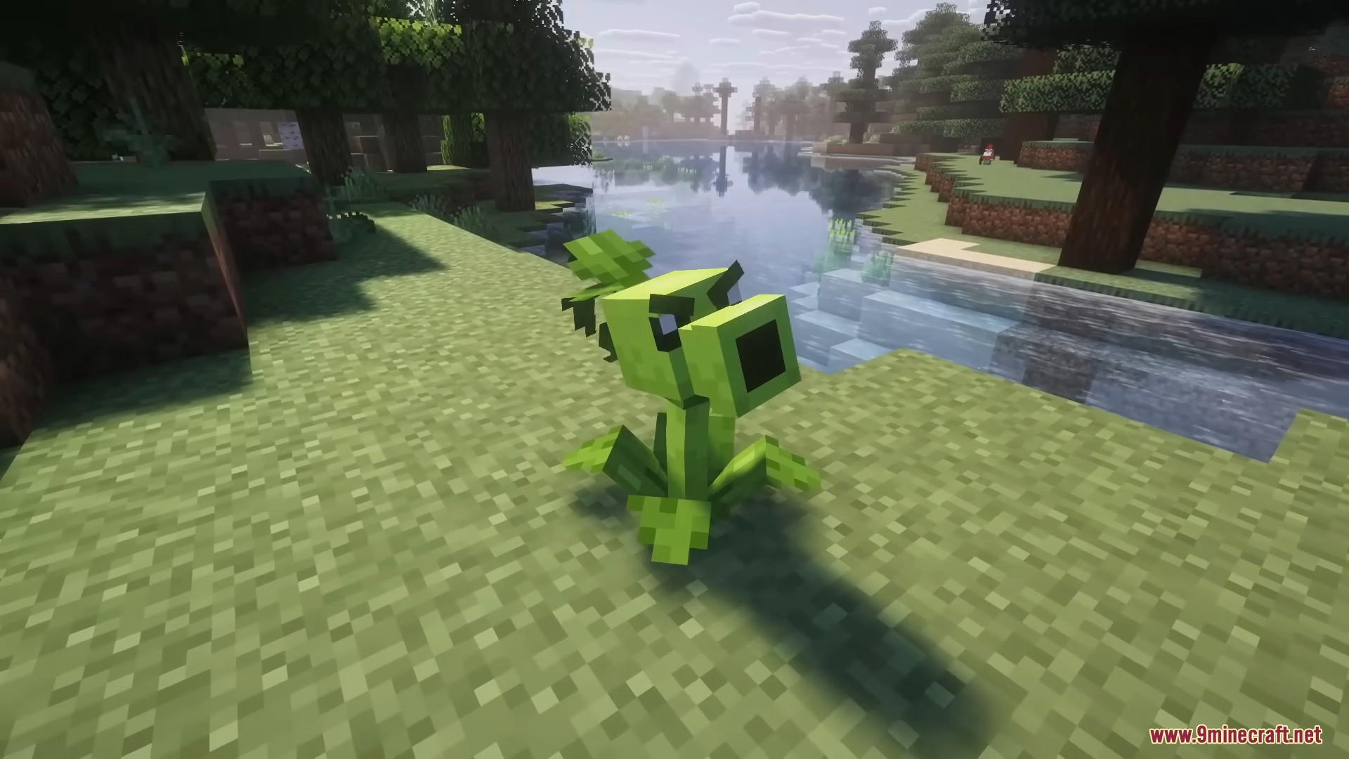 Plants & Zombies Mod Screenshot 10 Green peashooter plant mob defending a grassy riverbank in the daytime