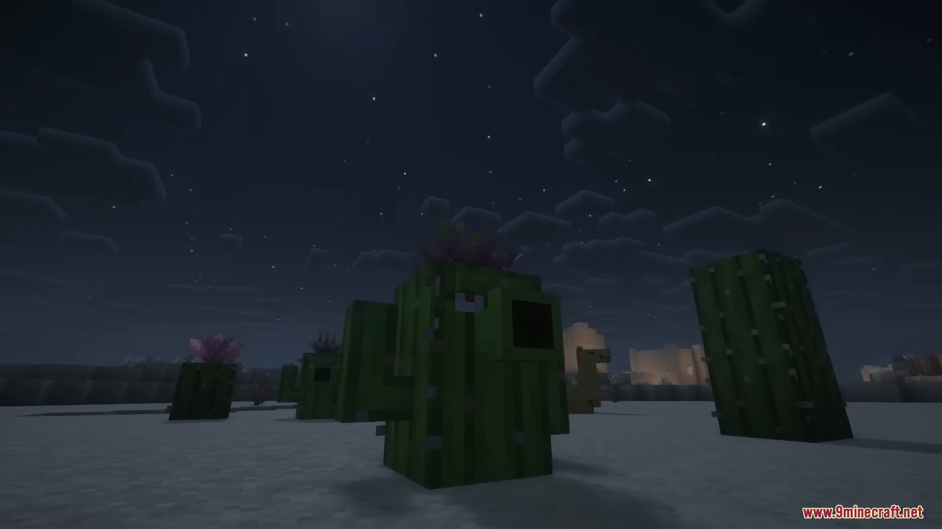 Plants & Zombies Mod Screenshot 11 Wild cactus plant mobs spawning in a desert biome at night