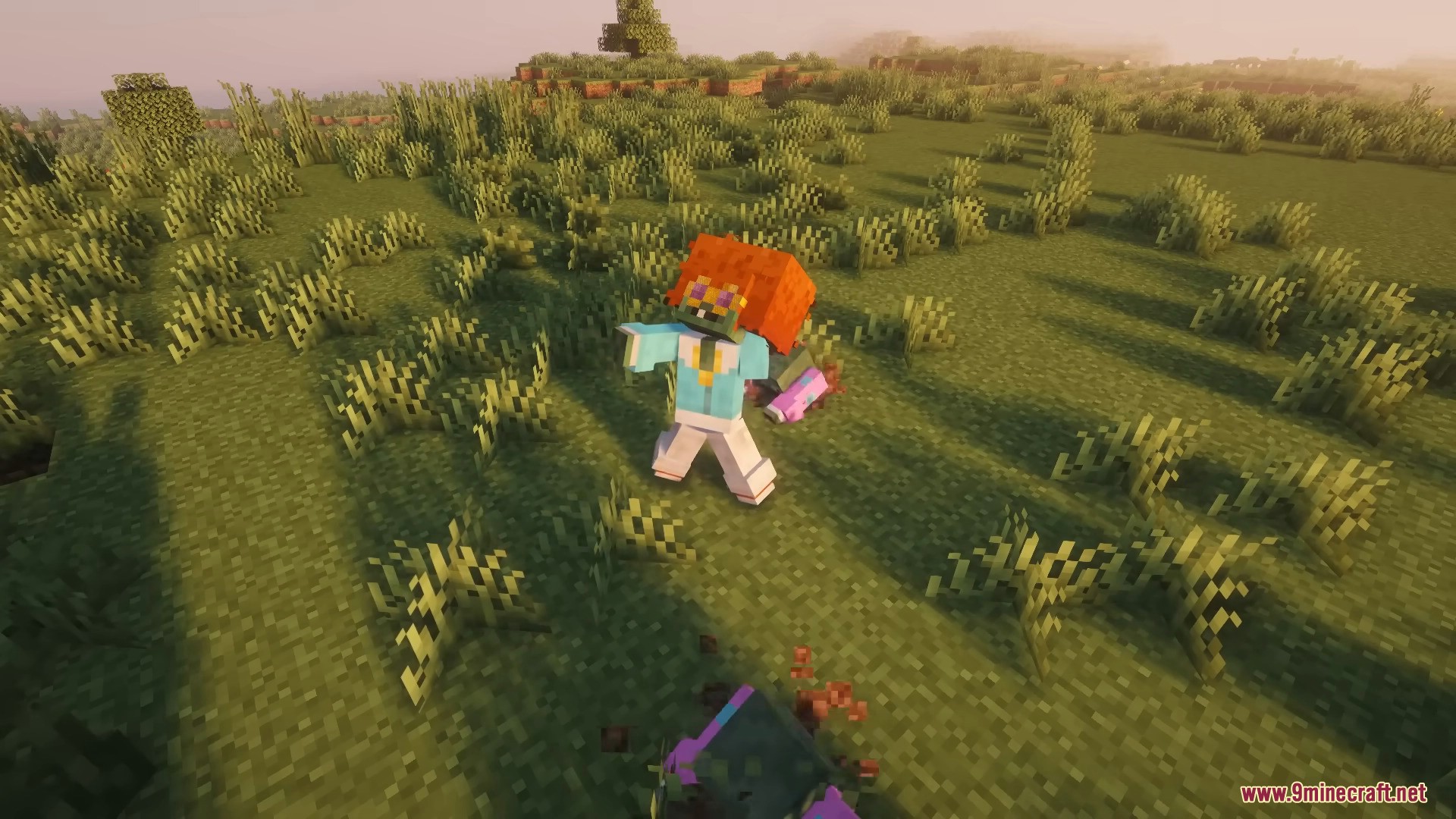 Plants & Zombies Mod Screenshot 13 A zombie wearing a bright orange wig and colorful clothes in a grassy field