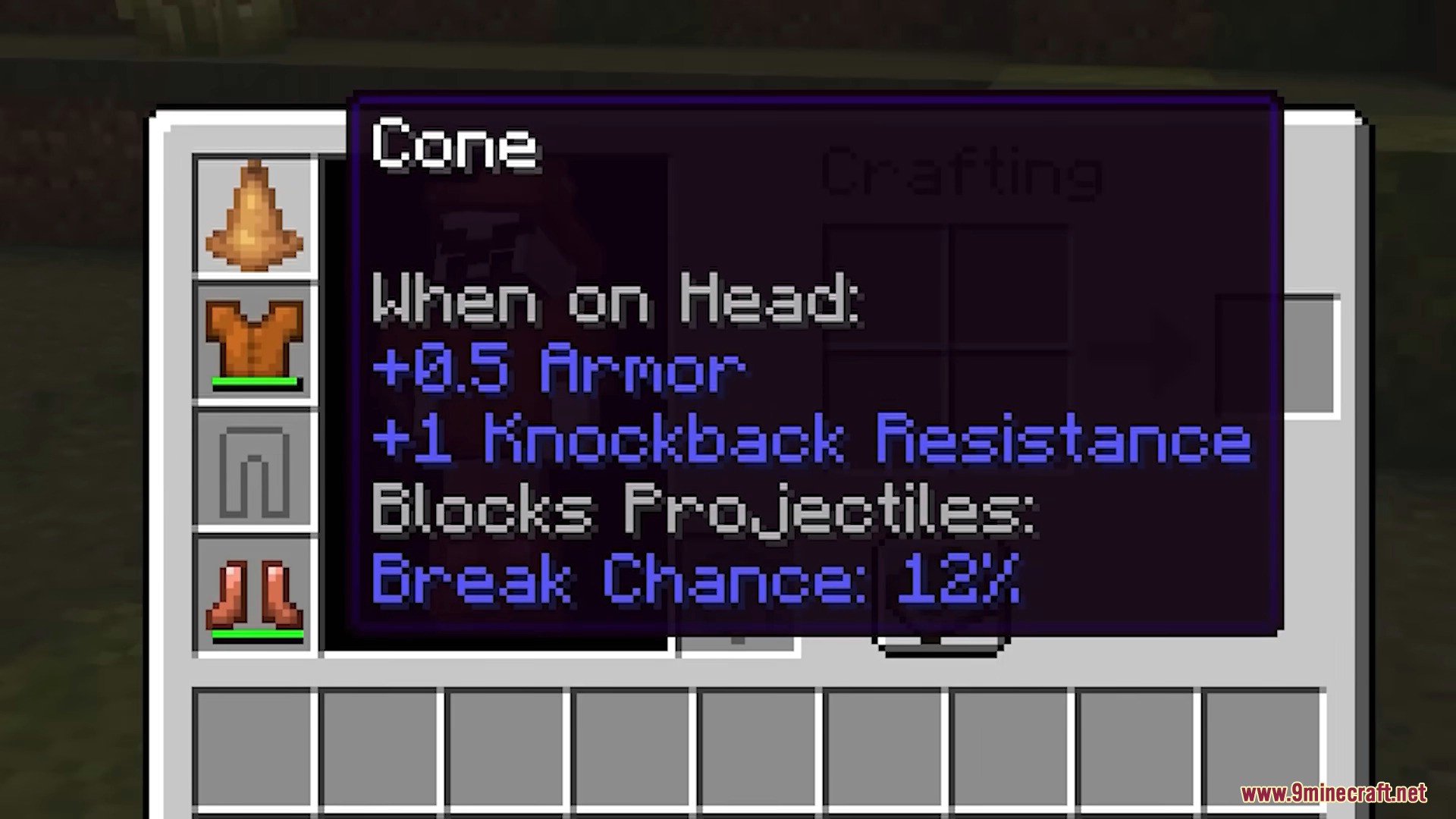 Plants & Zombies Mod Screenshot 14 Inventory showing stats for a Cone item when worn on the head