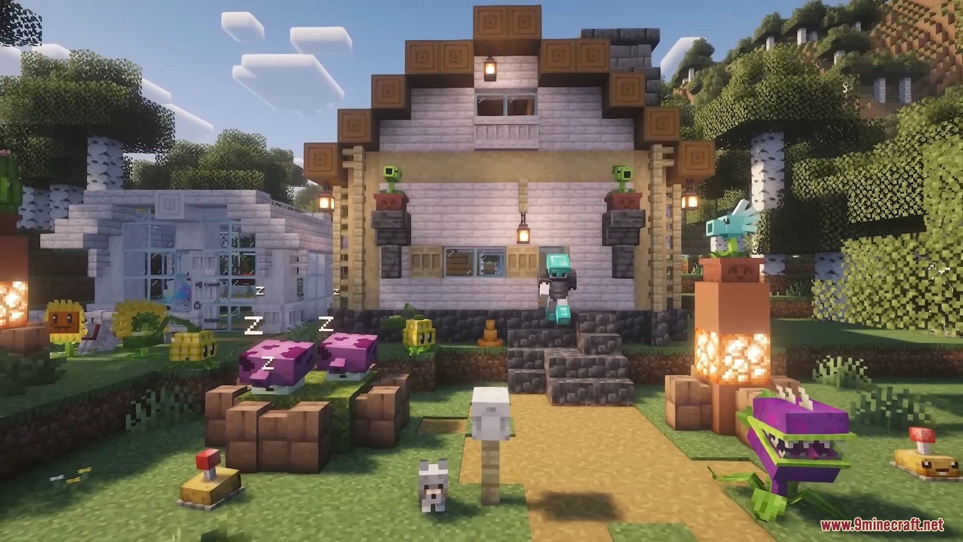 Plants & Zombies Mod Screenshot 17 Minecraft house front yard defended by various tamed plants and a mailbox