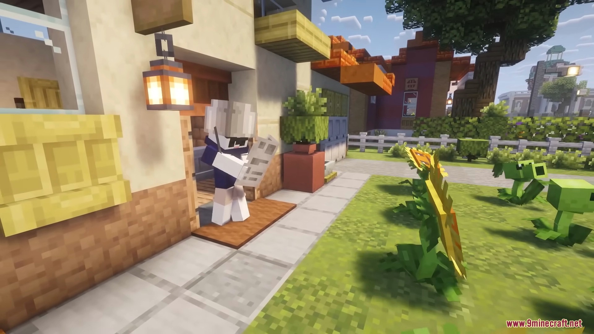 Plants & Zombies Mod Screenshot 2 Player reading a letter near a mailbox with Sunflower and Peashooters outside
