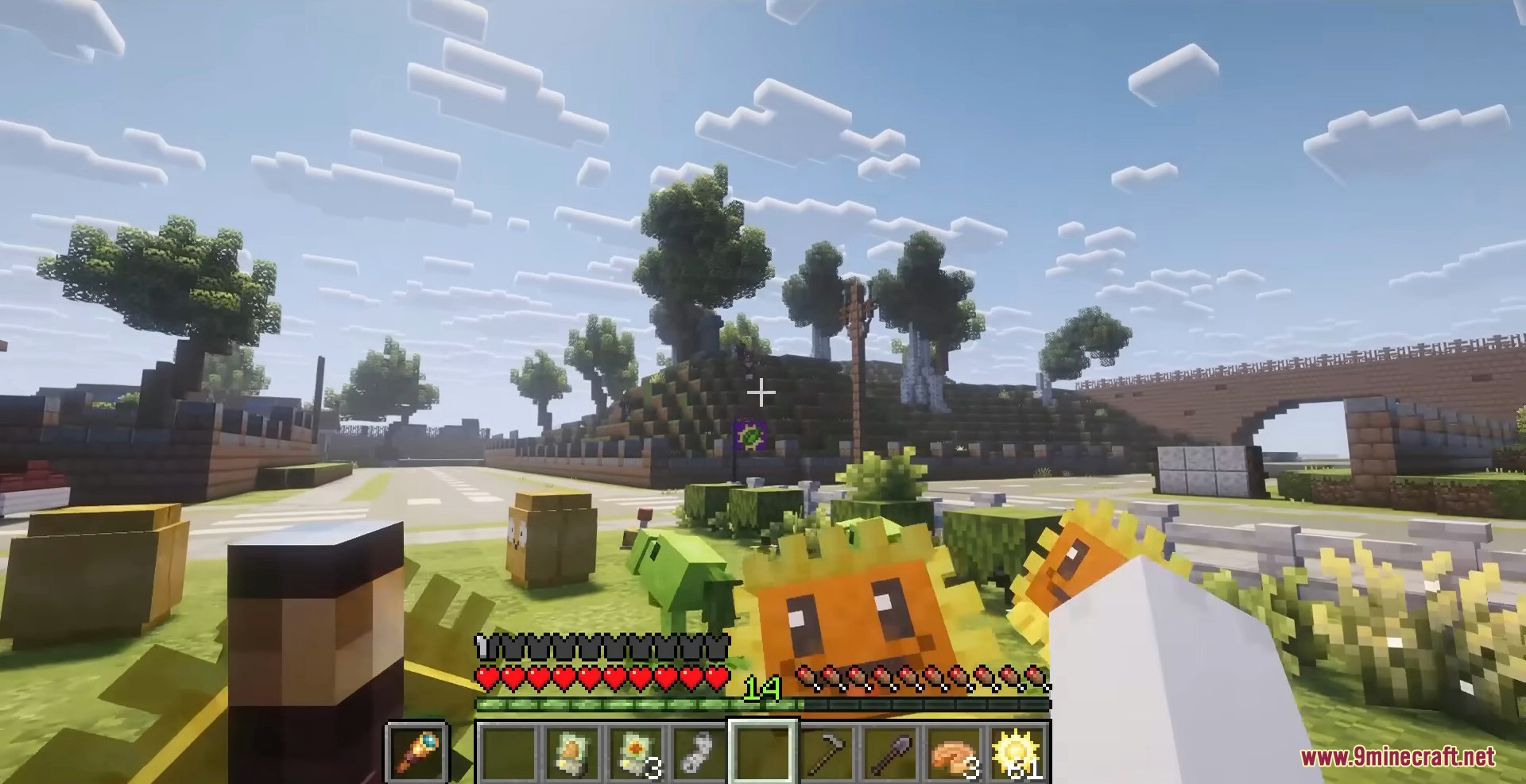 Plants & Zombies Mod Screenshot 3 Player setting up plant defenses with sunflowers and peashooters on the grass