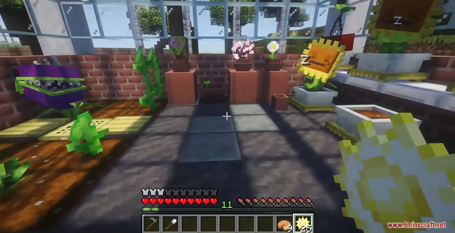 Plants & Zombies Mod Screenshot 5 Player holds sun item near tamed chomper and sleeping sunflower in greenhouse