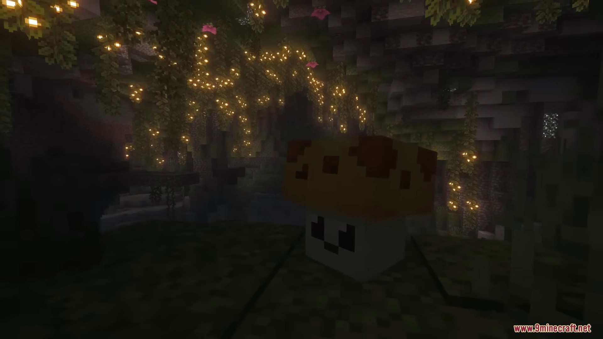 Plants & Zombies Mod Screenshot 9 Blocky mushroom plant mob sitting in a dark cave with glowing vines