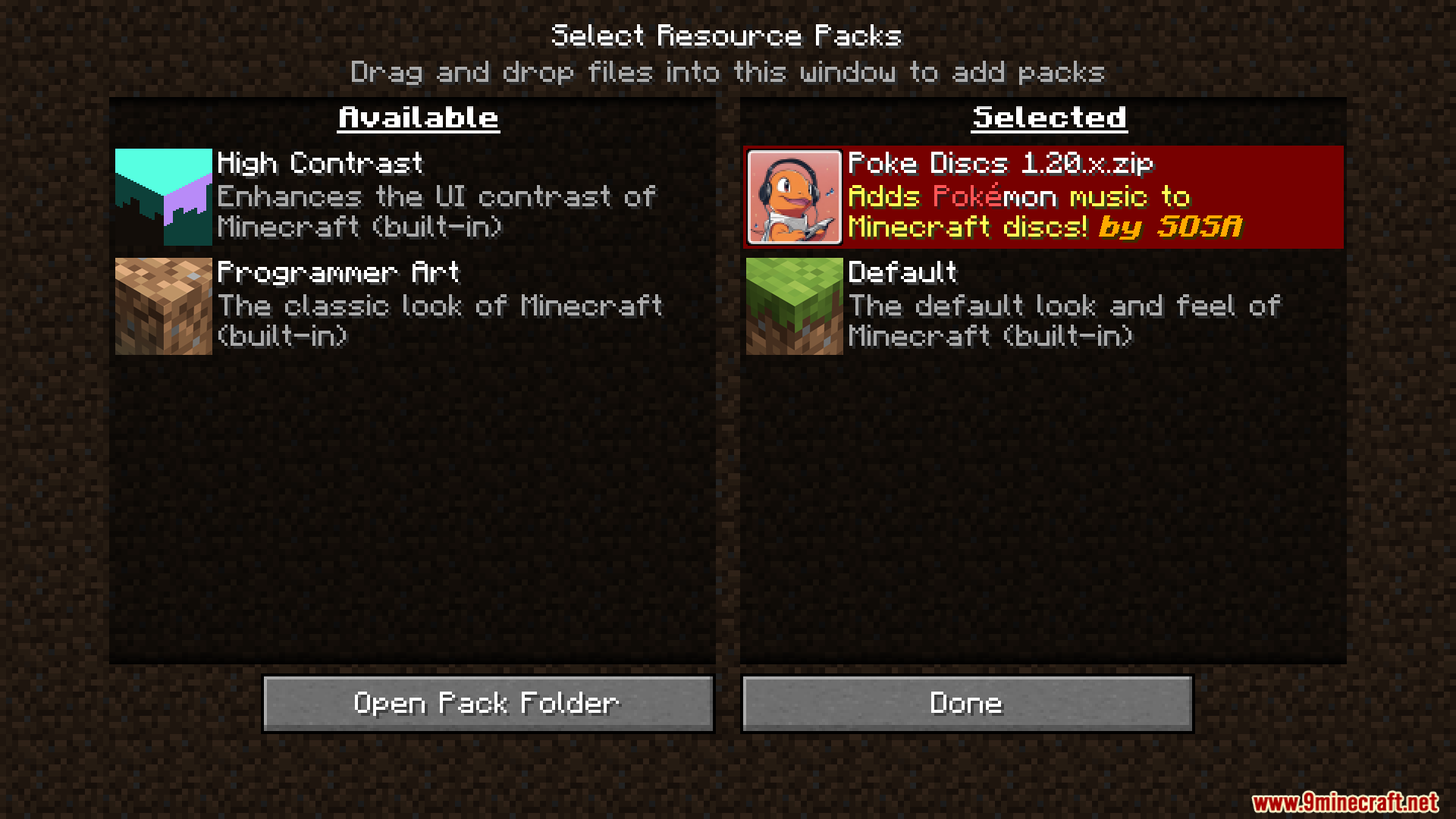 Poke Discs Resource Pack Screenshot 1 Player selecting the Poke Discs resource pack in the game settings menu