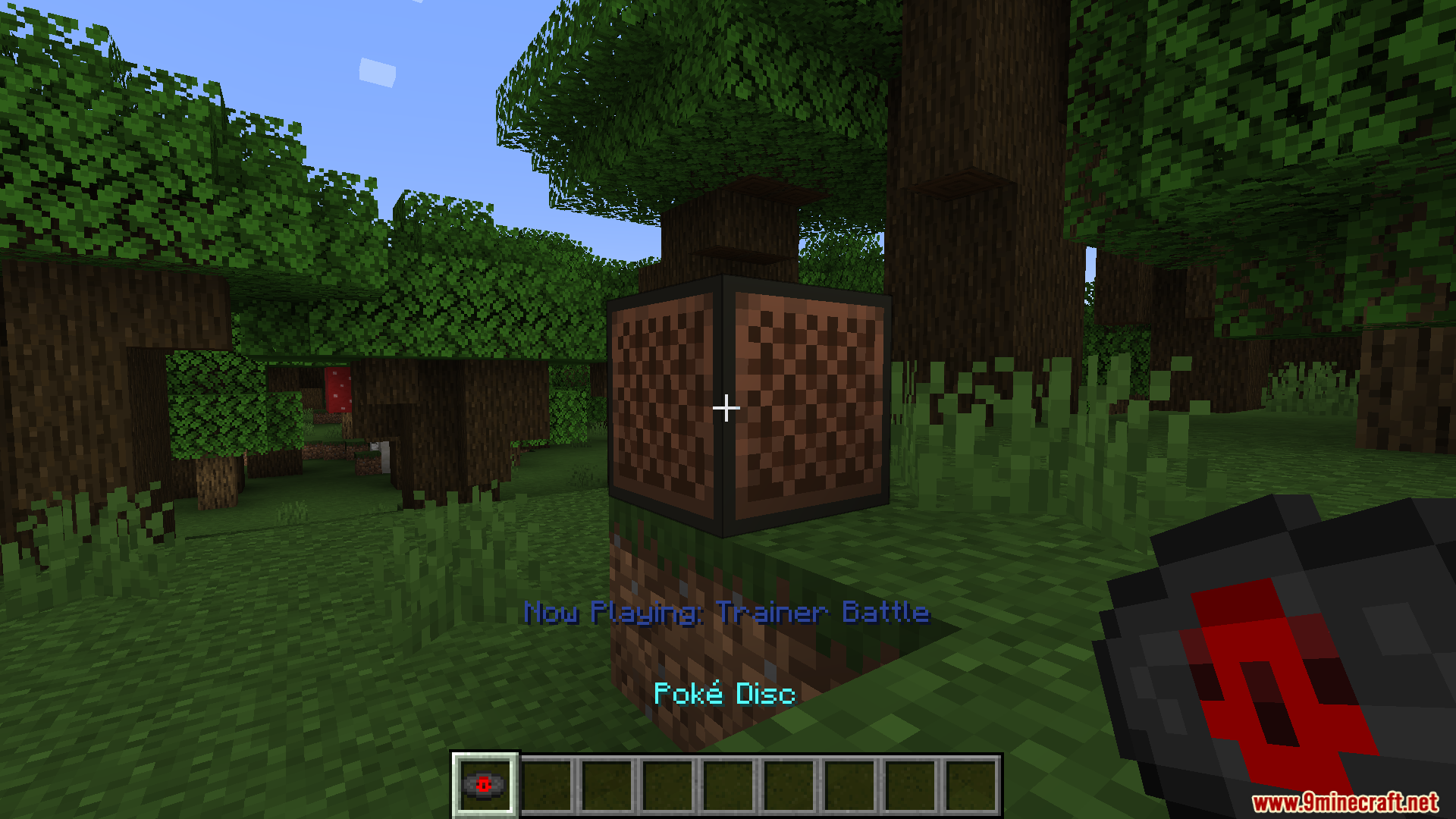 Poke Discs Resource Pack Screenshot 6 Player playing a custom music disc named Trainer Battle in jukebox