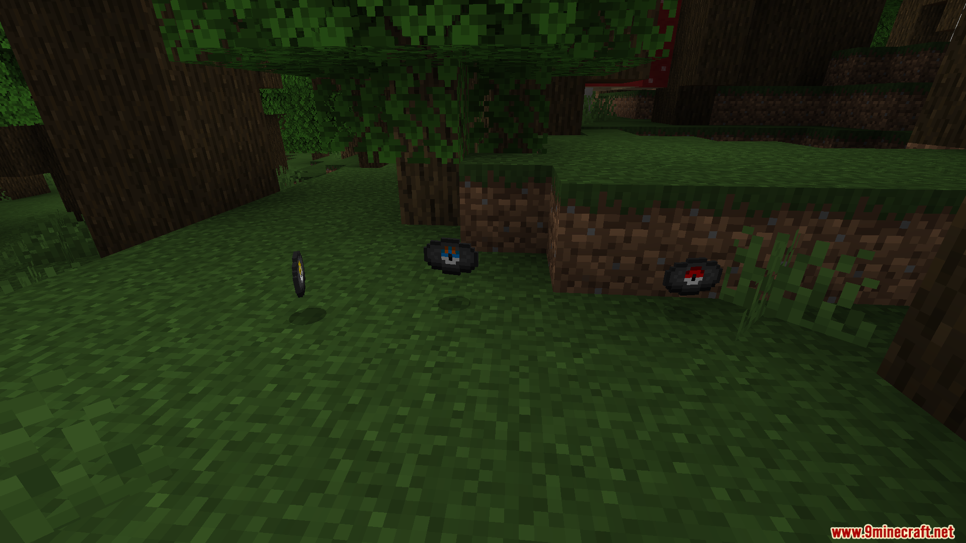 Poke Discs Resource Pack Screenshot 7 Custom music records featuring red and white ball designs dropped on the ground