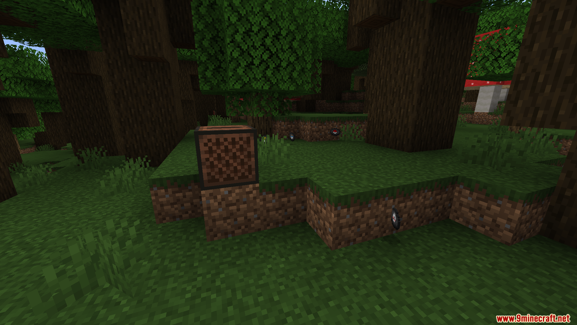 Poke Discs Resource Pack Screenshot 9 Custom music discs floating near a jukebox block in a forest area