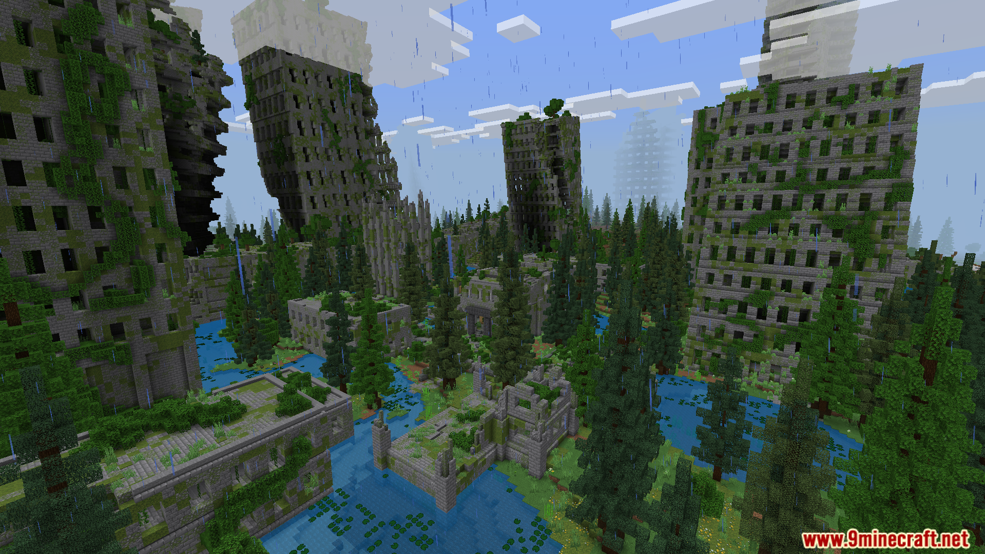 A vast post apocalyptic city with ruined and overgrown buildings